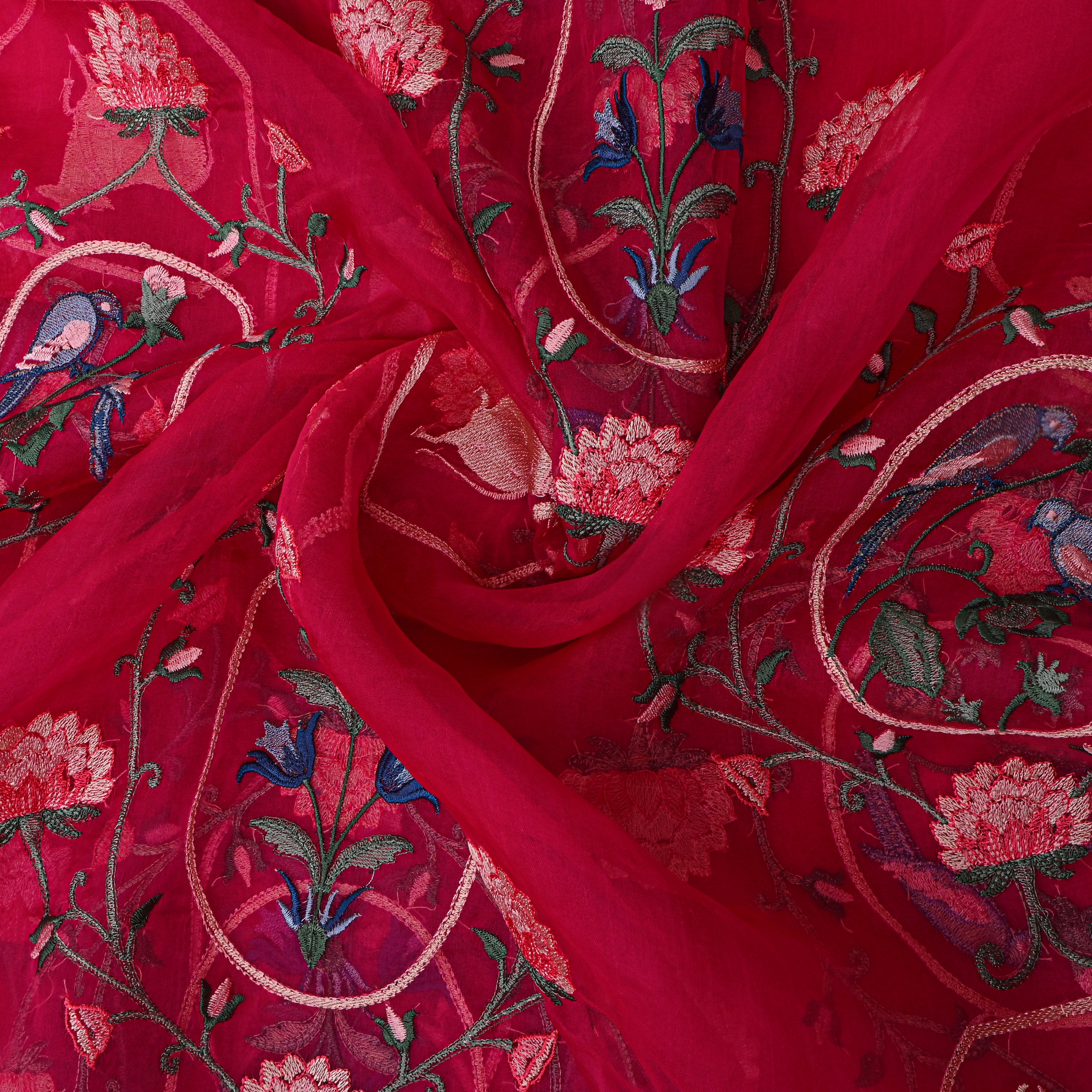 Bright Red Organza With Shikargah Thread Work