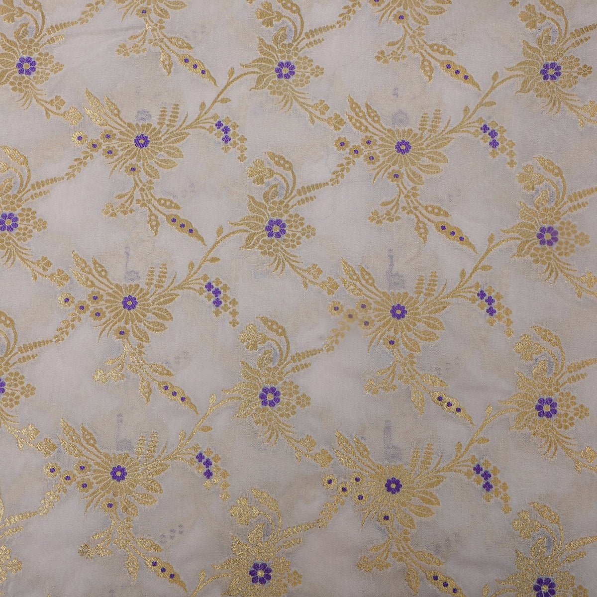 Pearl White Gold Zari Floral Jamawar Organza Fabric