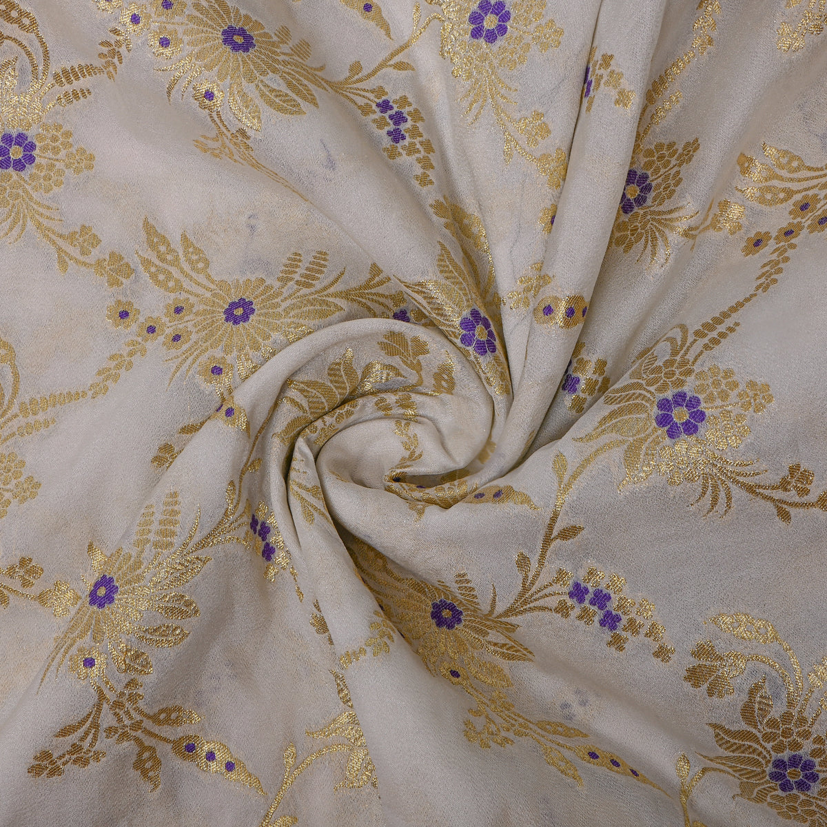 Pearl White Gold Zari Floral Jamawar Organza Fabric