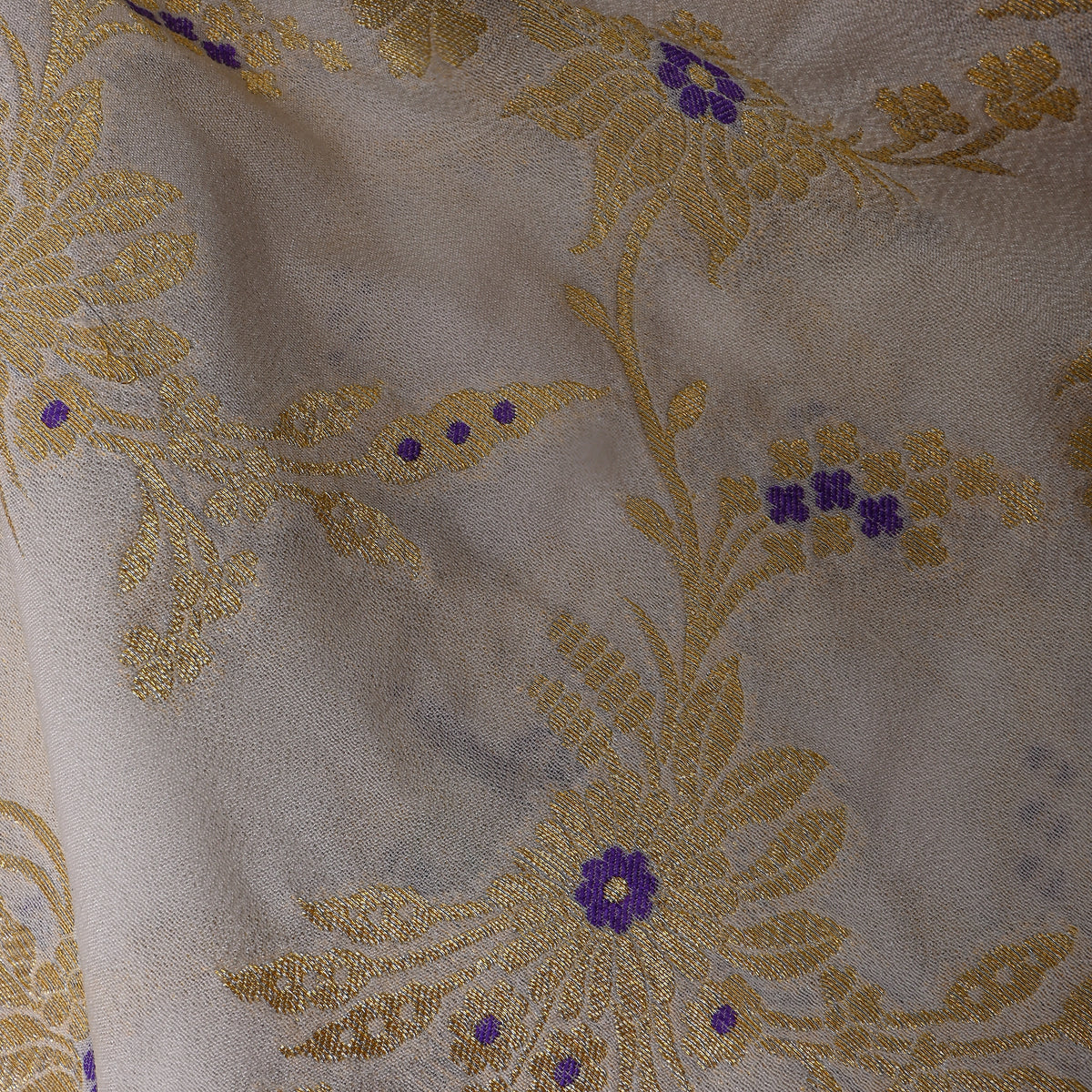 Pearl White Gold Zari Floral Jamawar Organza Fabric