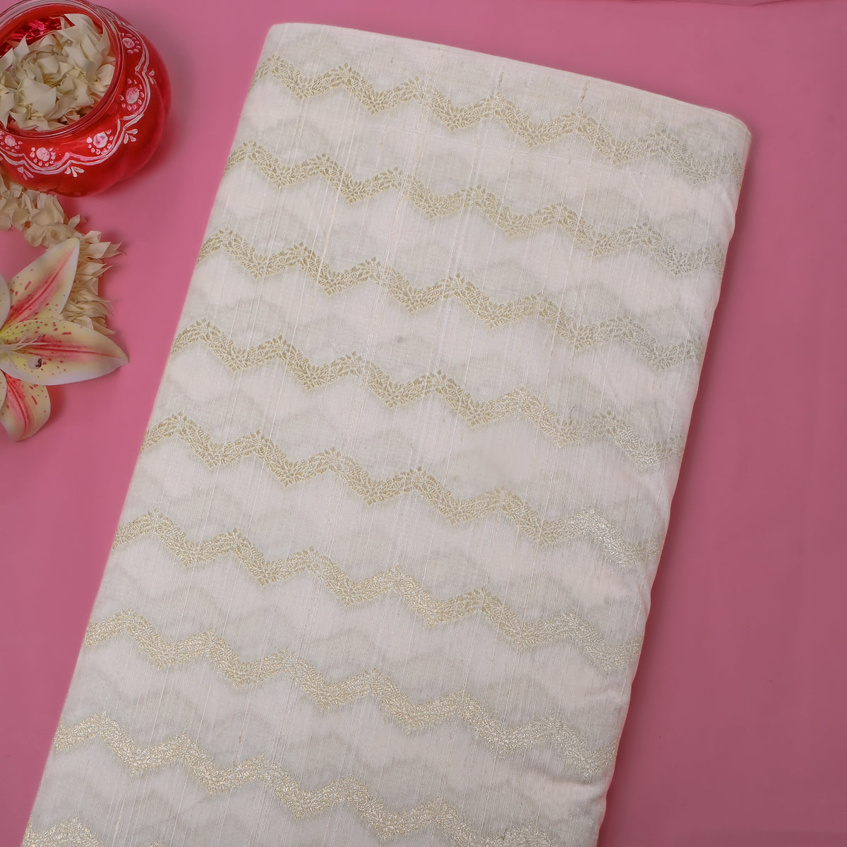 Cloud White Gold Zari Zigzag Jamawar Silk Fabric