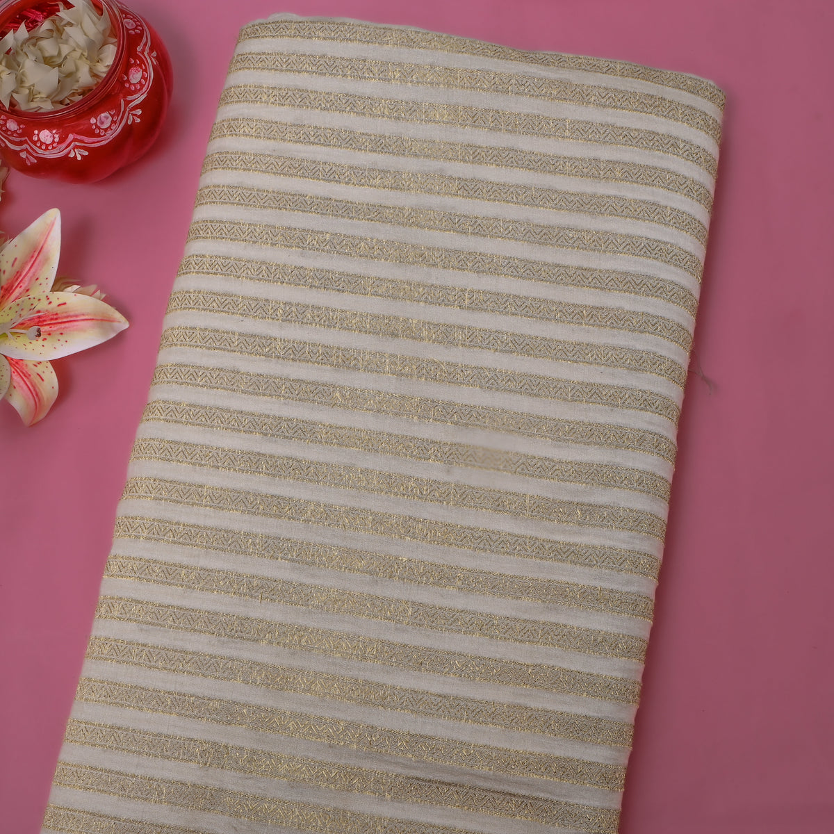 Pearl Cream Gold Zari Stripe Jamawar Silk Fabric