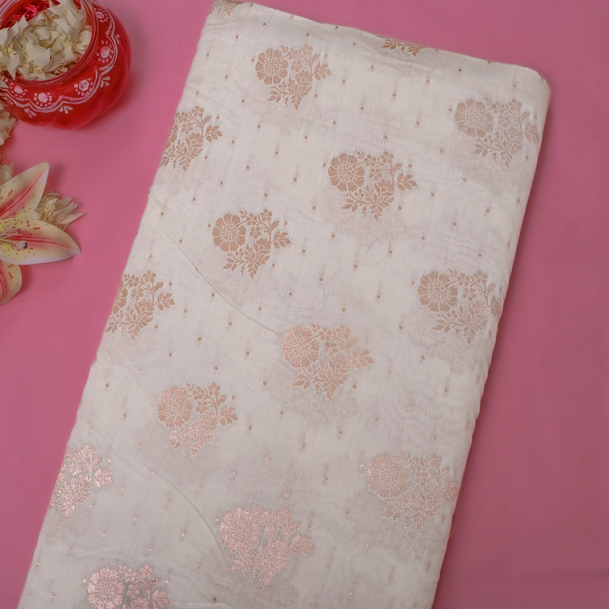 Milk White Gold Zari Floral Butti Jamawar Silk Fabric