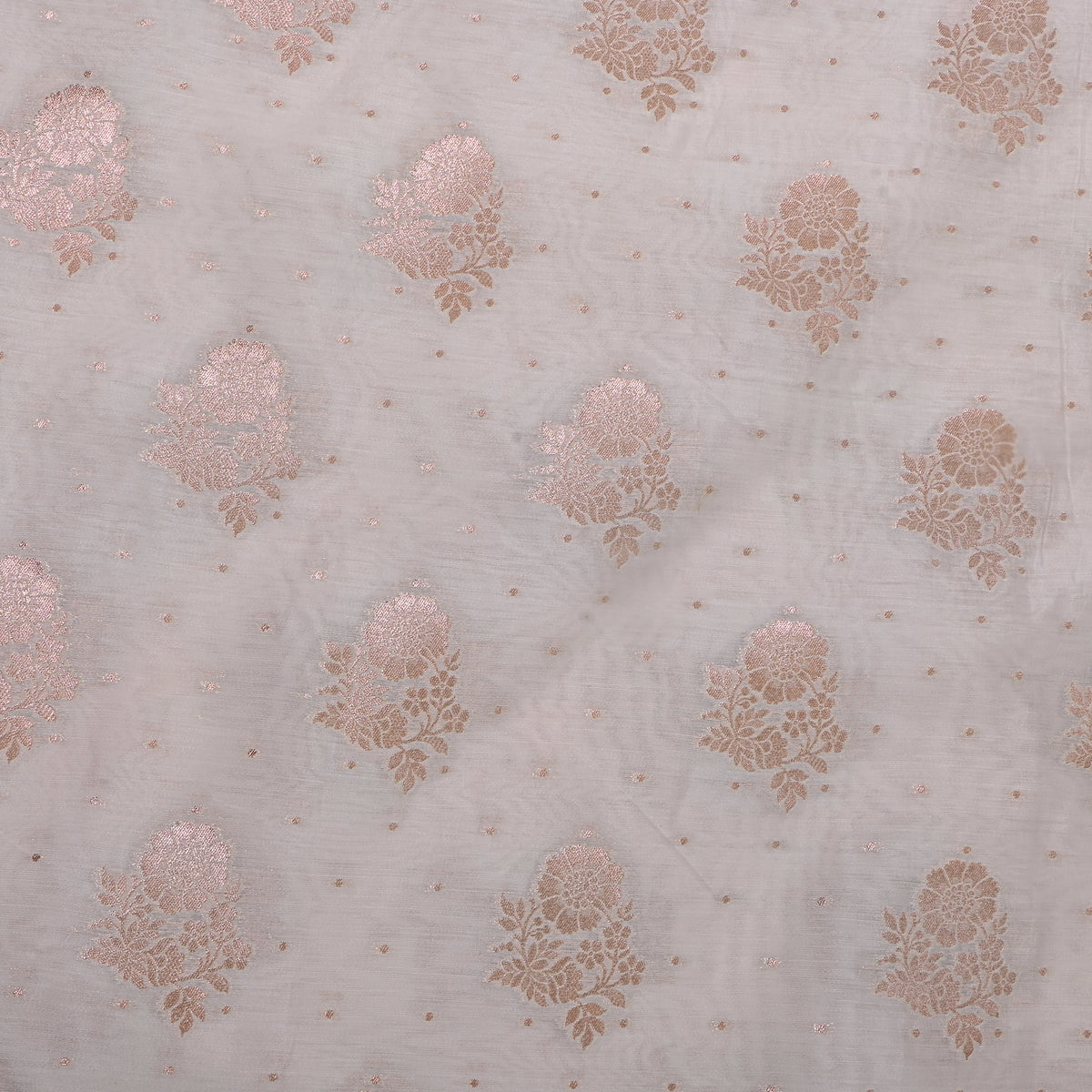 Milk White Gold Zari Floral Butti Jamawar Silk Fabric