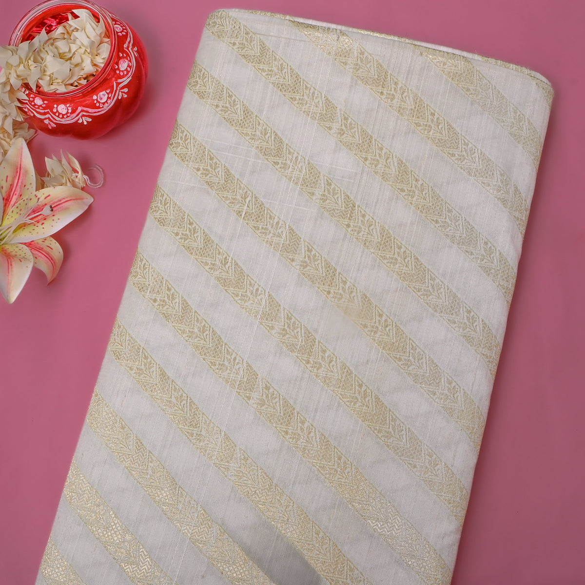 Pearl Cream Gold Zari Diagonal Stripe Jamawar Silk Fabric