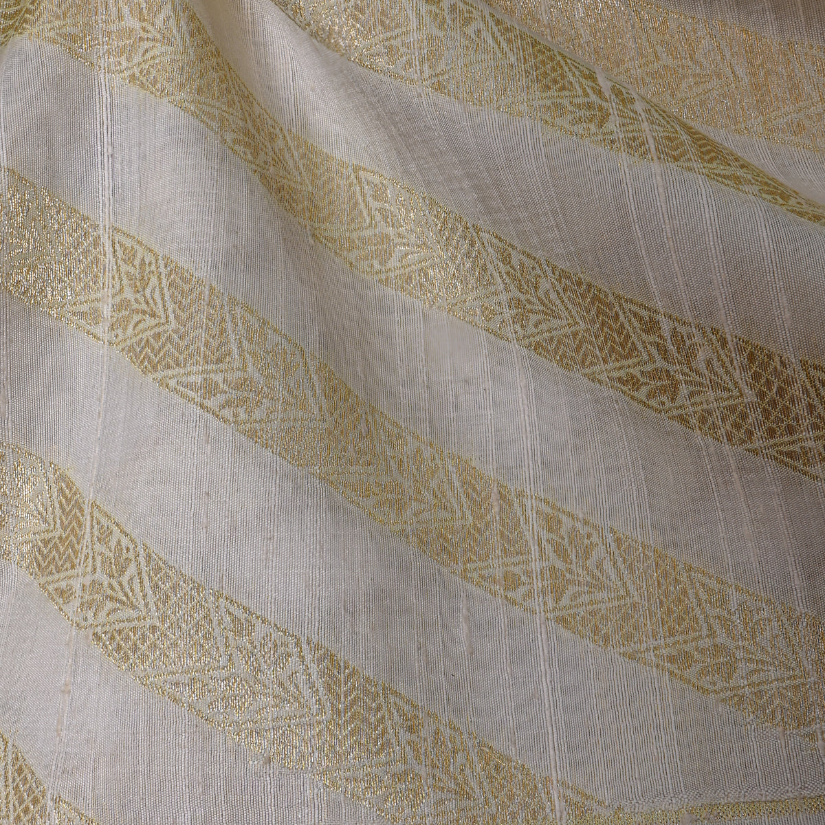 Pearl Cream Gold Zari Diagonal Stripe Jamawar Silk Fabric