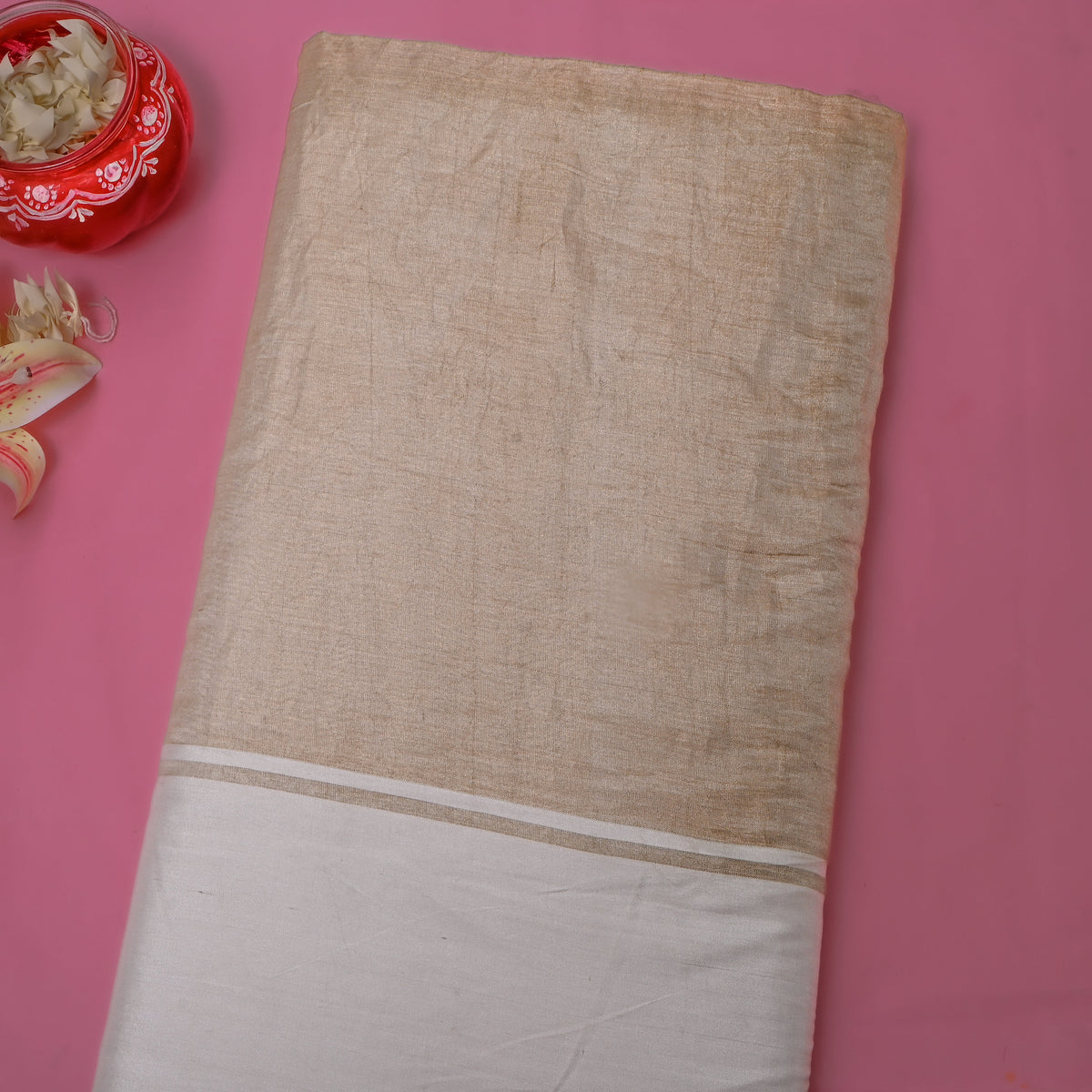 Champagne Beige Broad Cream Border Jamawar Silk Fabric