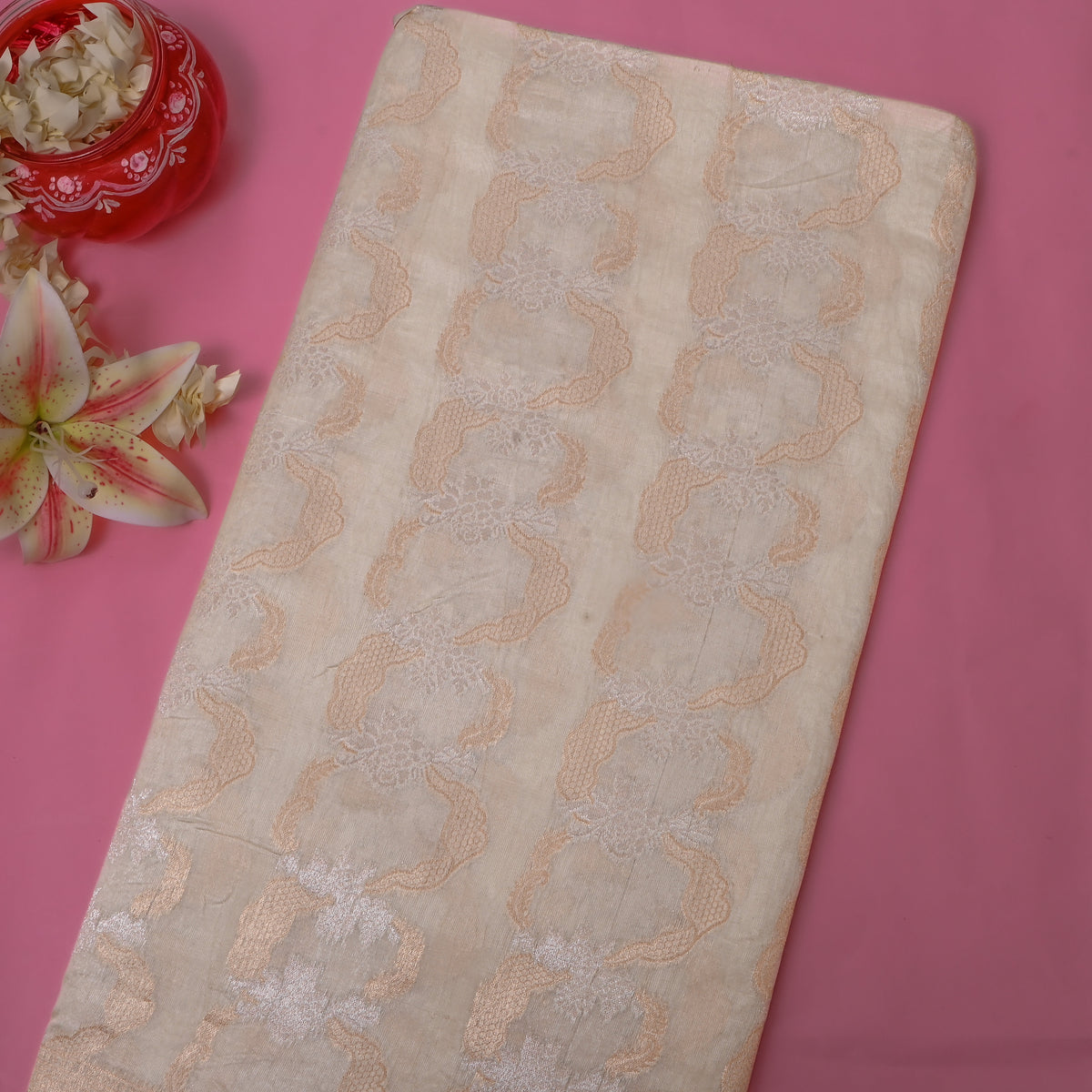Shell White Gold Zari Scroll Brocade Jamawar Silk Fabric