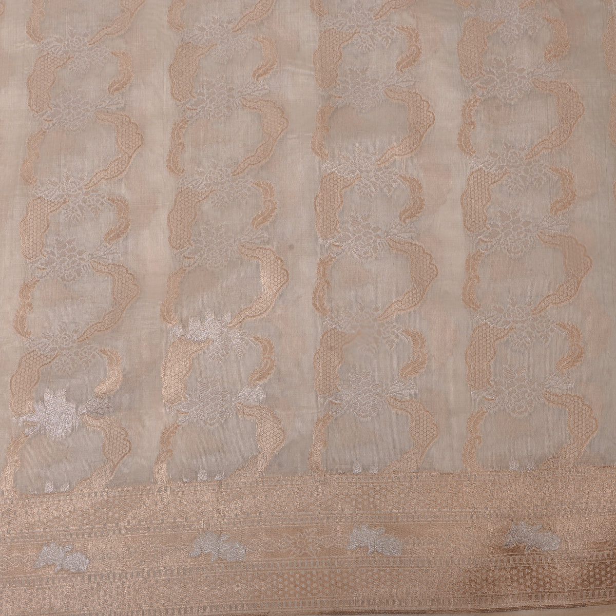Shell White Gold Zari Scroll Brocade Jamawar Silk Fabric