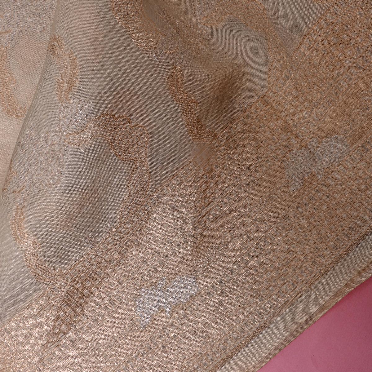 Shell White Gold Zari Scroll Brocade Jamawar Silk Fabric