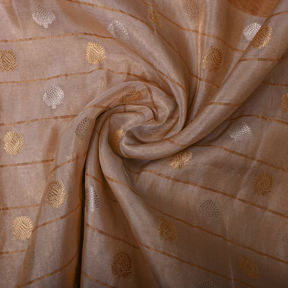 Antique Gold Dual Tone Zari Butti Jamawar Silk Fabric With Self Border