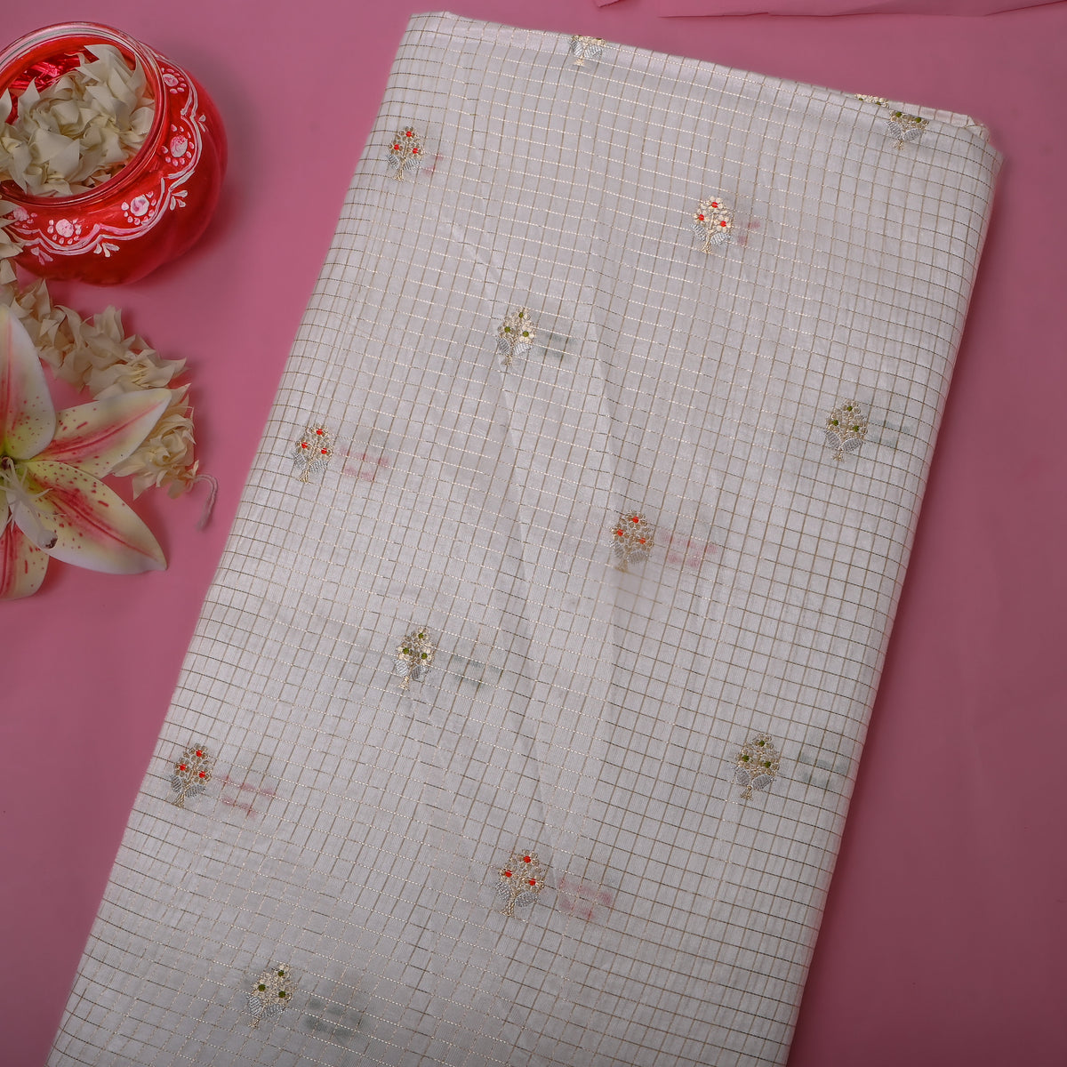 Chalk White Jamawar Silk With Gold Checks And Floral Butti
