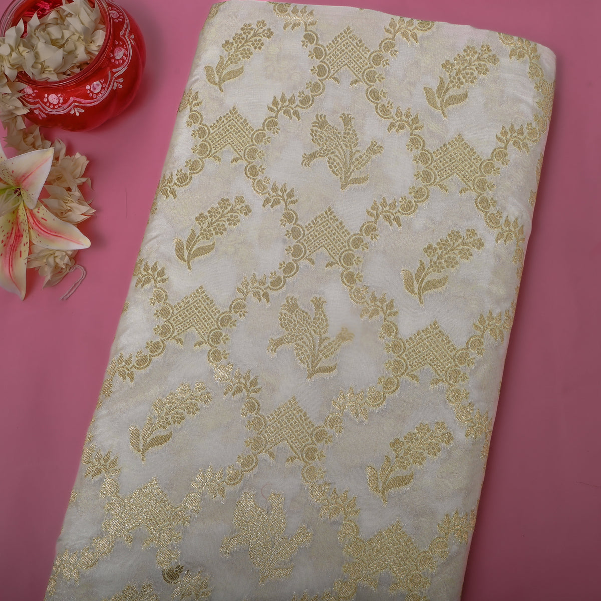 Oyster Gold Zari Floral Brocade Self Weave Jamawar Silk Fabric