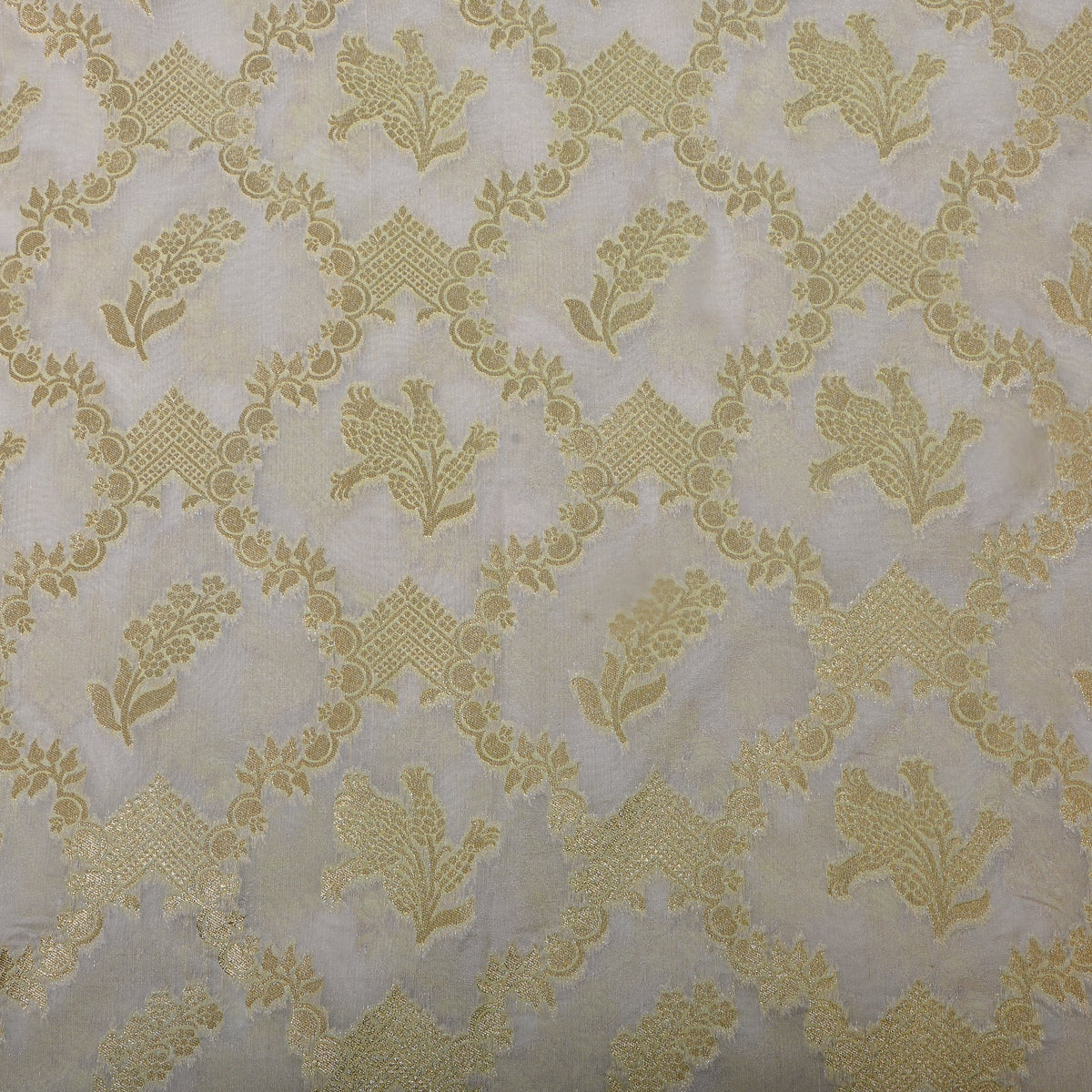 Oyster Gold Zari Floral Brocade Self Weave Jamawar Silk Fabric