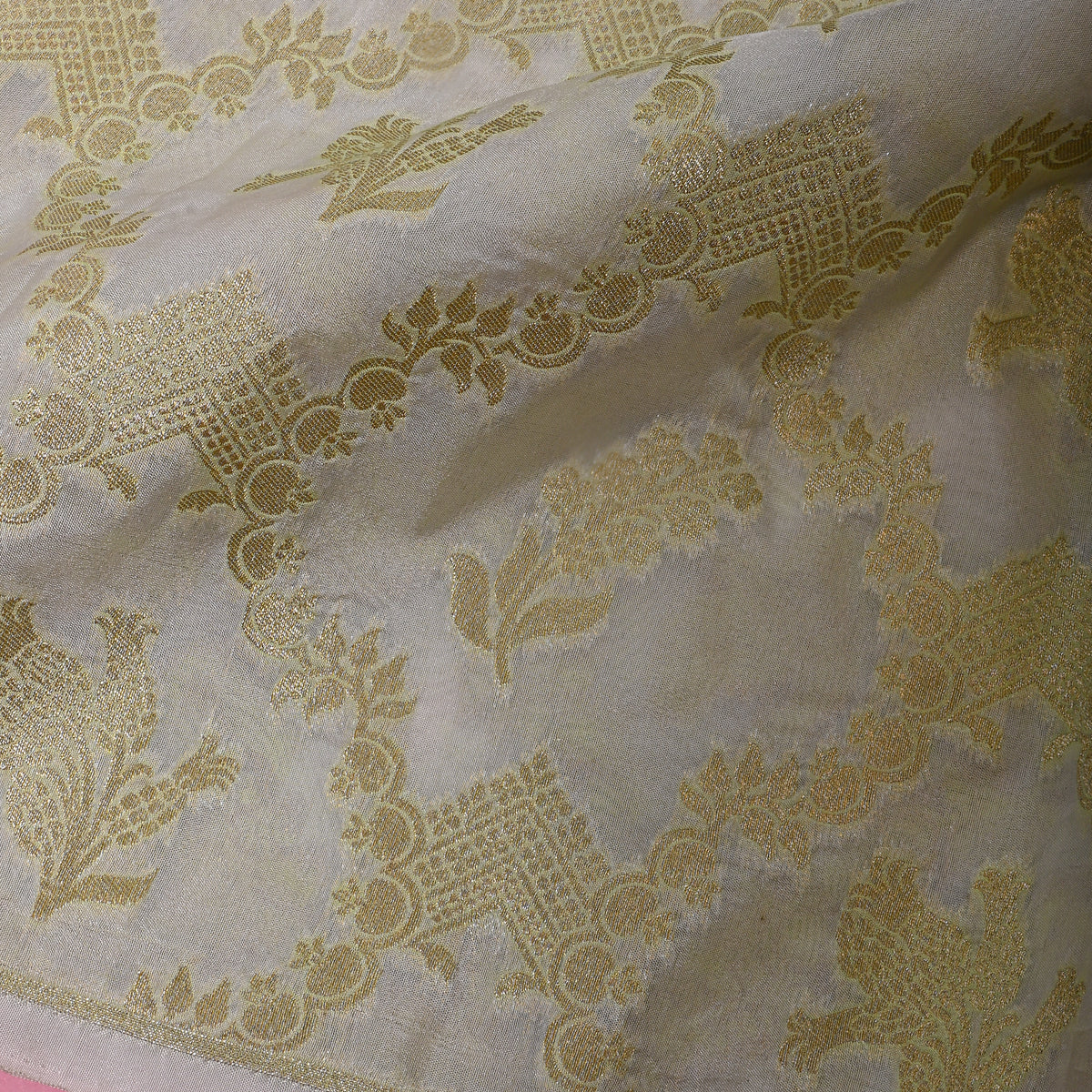 Oyster Gold Zari Floral Brocade Self Weave Jamawar Silk Fabric