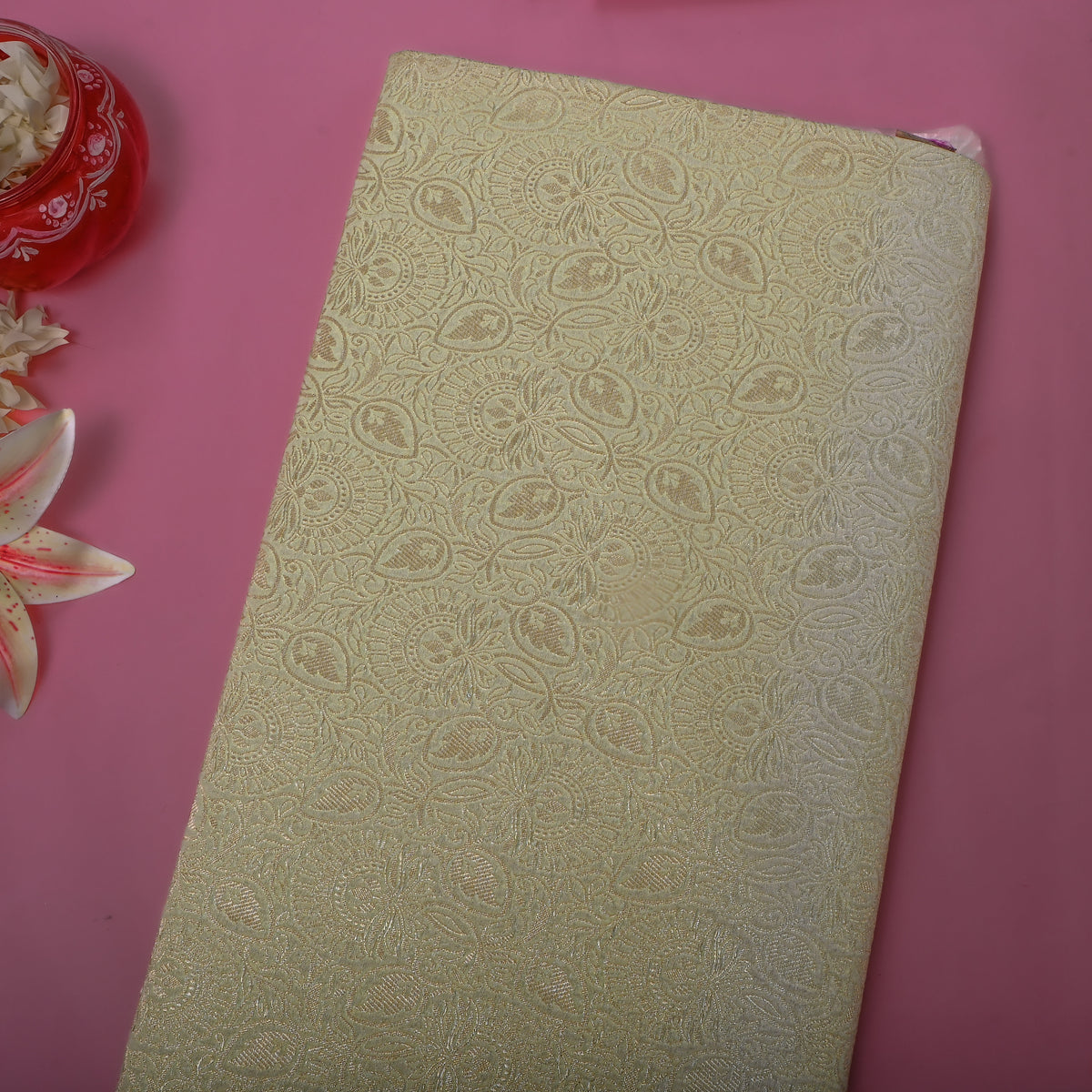 Antique Gold Floral Self Weave Jamawar Silk Fabric