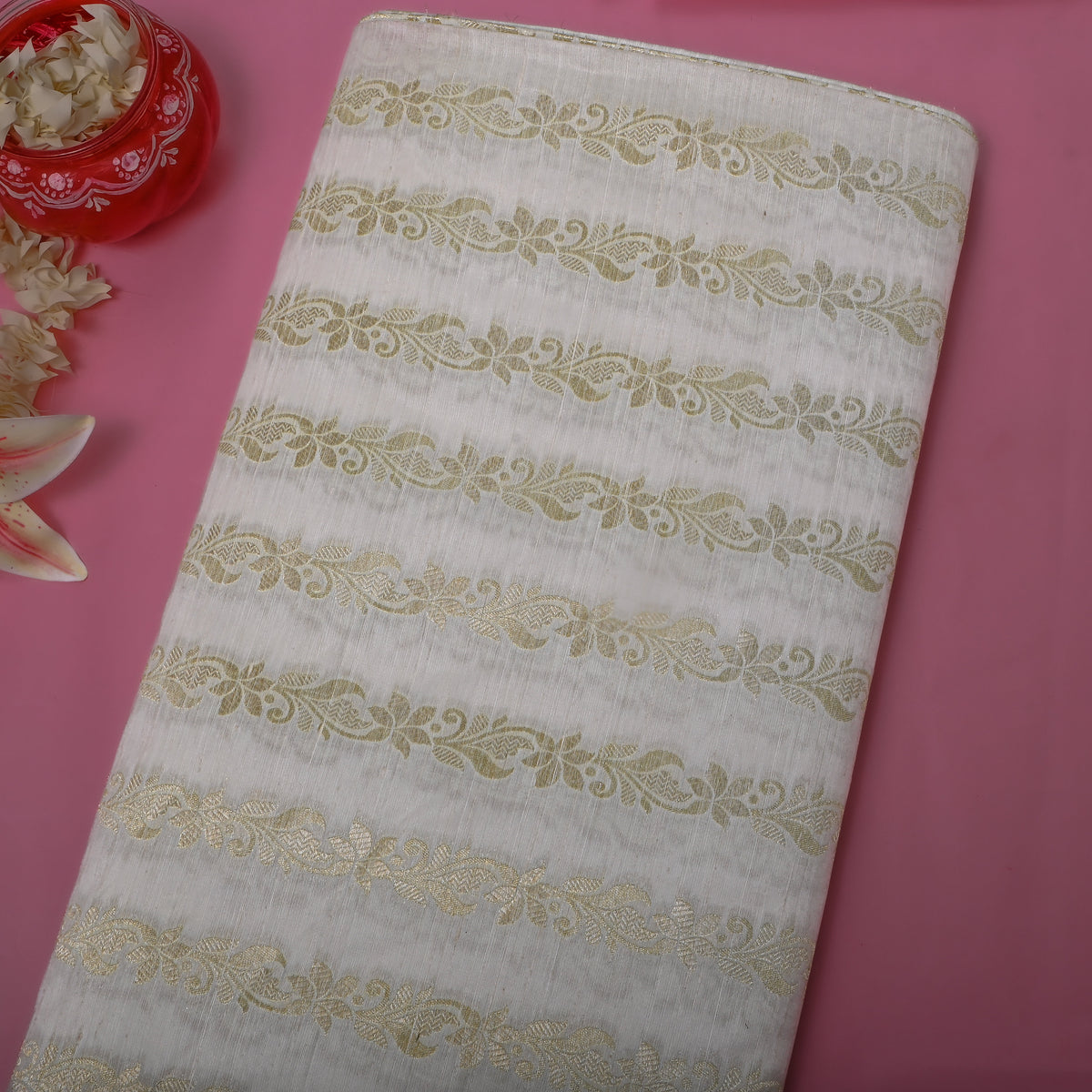 Linen White Gold Zari Vine Stripe Jamawar Silk Fabric