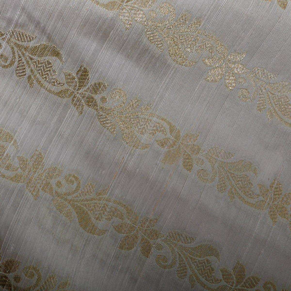 Linen White Gold Zari Vine Stripe Jamawar Silk Fabric