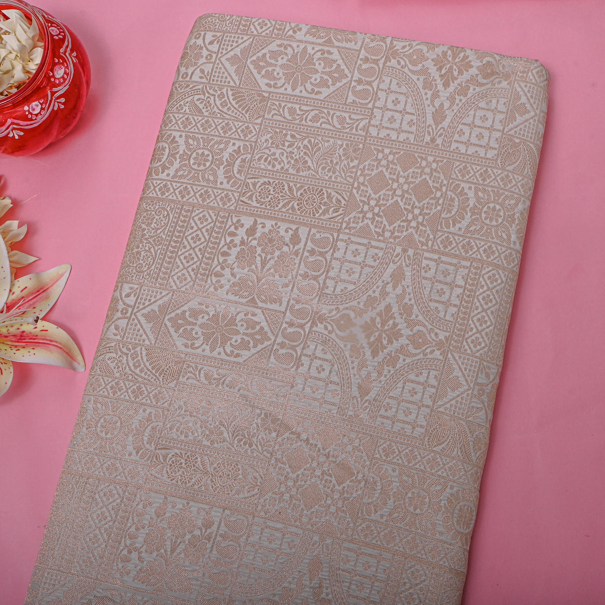 Ivory Gold Zari Patchwork Weave Jamawar Silk Fabric