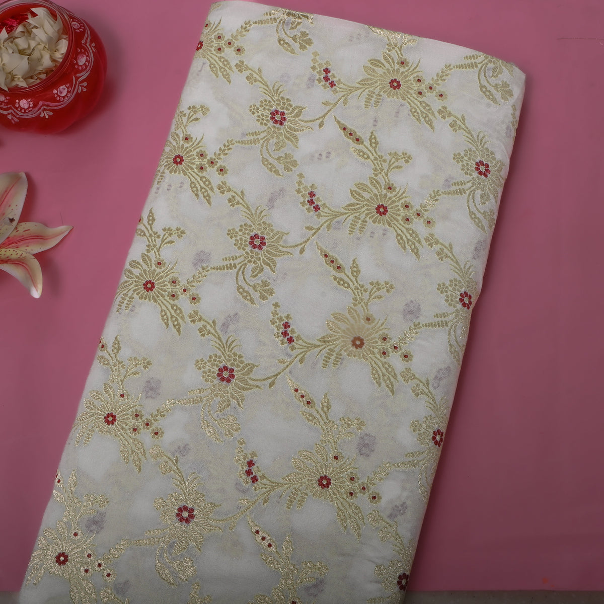 Soft White Gold Zari Floral Jamawar Organza Fabric