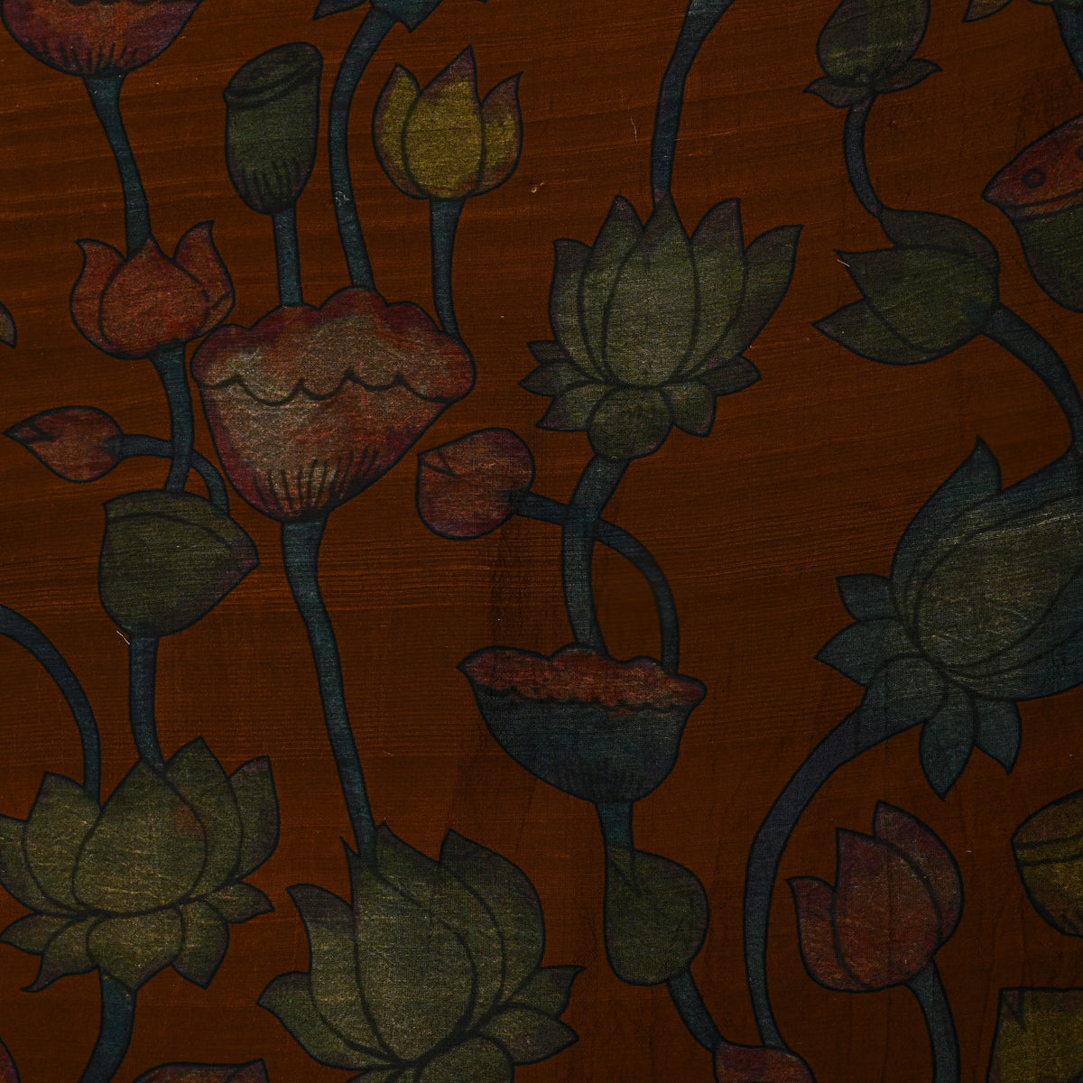 Amber Brown Lotus Kalamkari Print Raw Silk Fabric