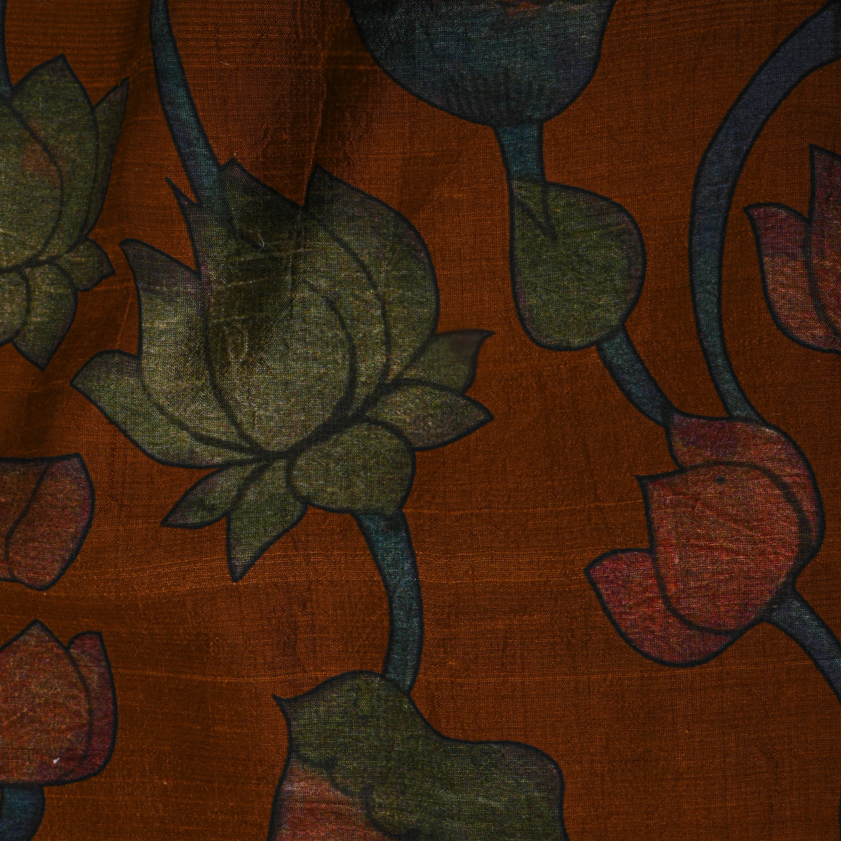 Amber Brown Lotus Kalamkari Print Raw Silk Fabric