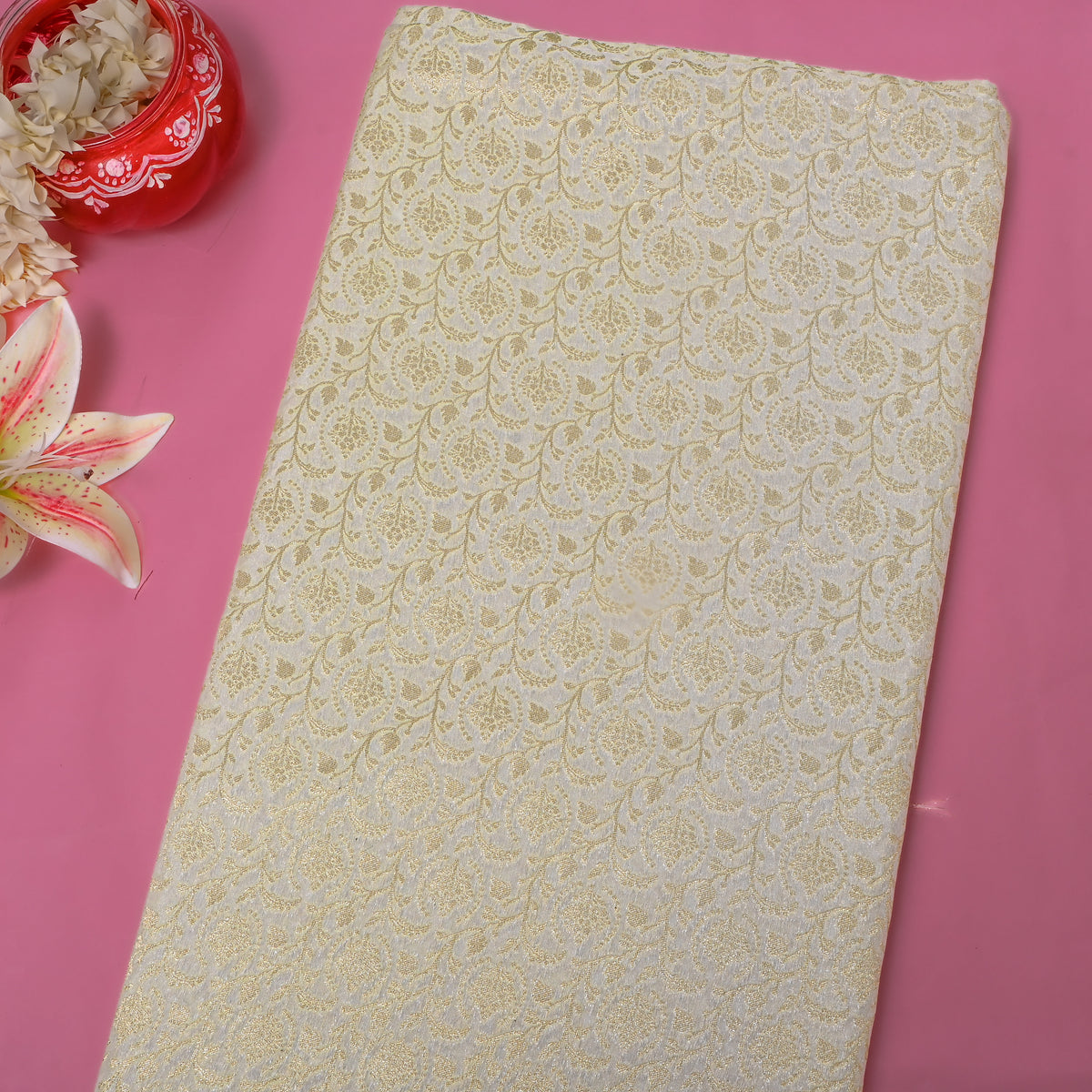 Pearl White Gold Zari Floral Vine Self Weave Jamawar Silk Fabric