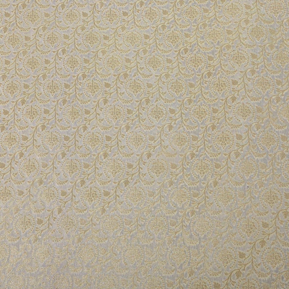 Pearl White Gold Zari Floral Vine Self Weave Jamawar Silk Fabric