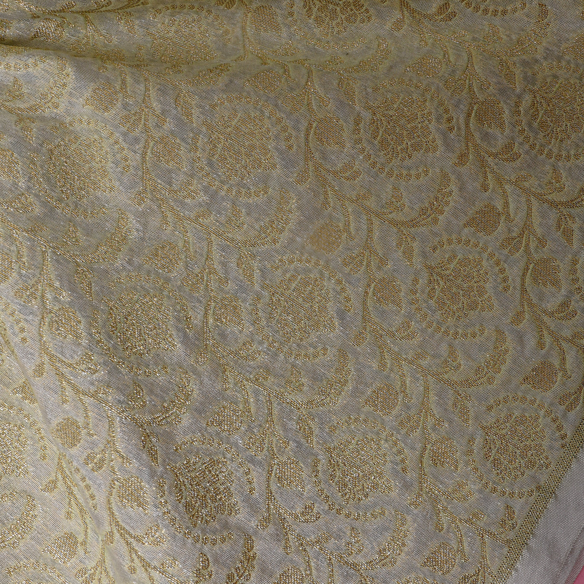 Pearl White Gold Zari Floral Vine Self Weave Jamawar Silk Fabric
