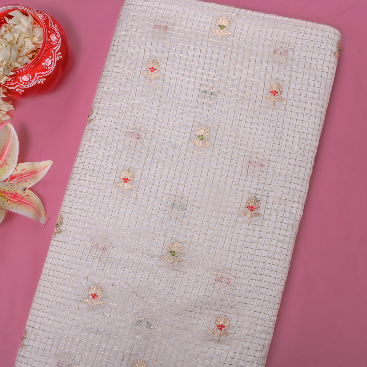 Eggshell Jamawar Silk With Gold Checks And Lotus Butti