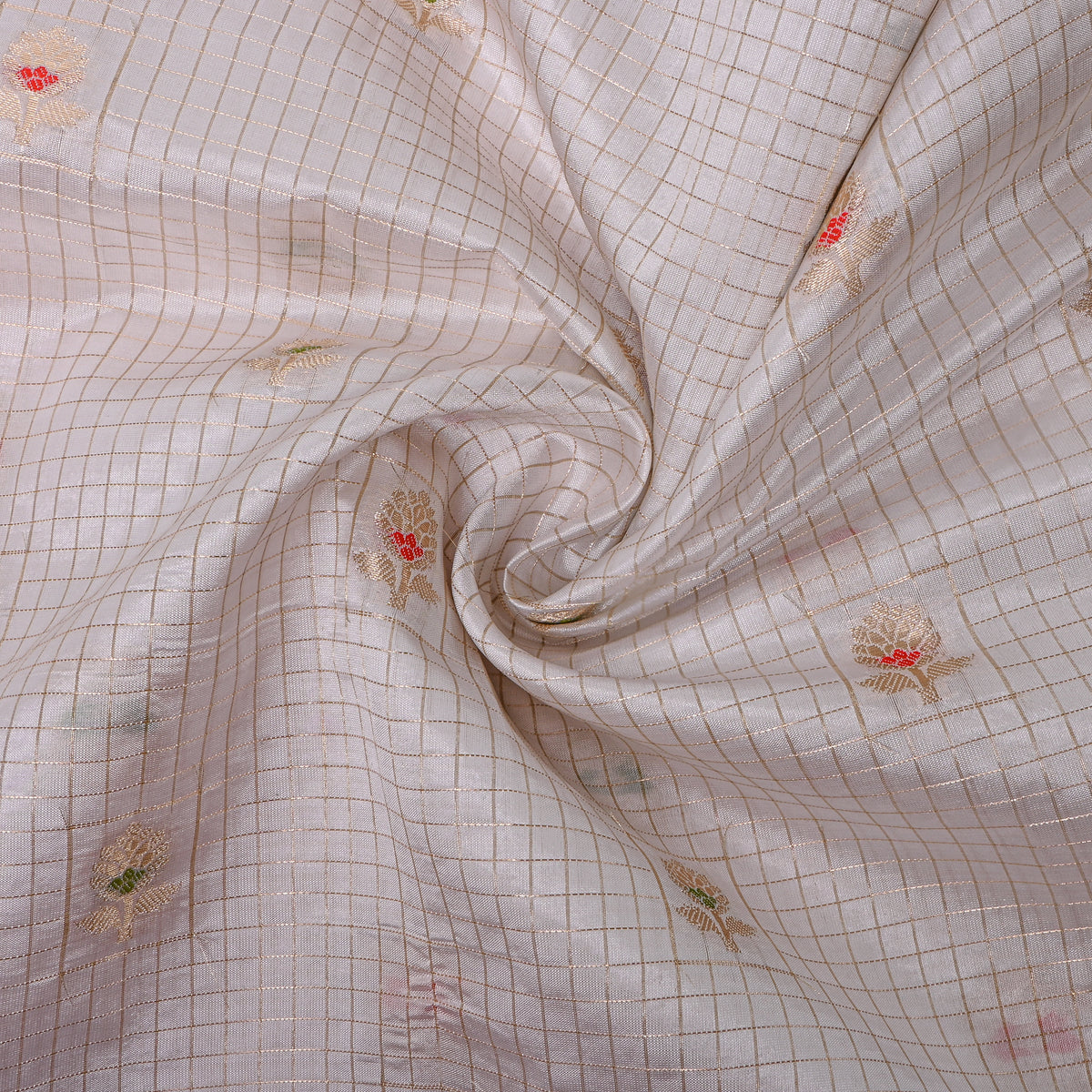 Eggshell Jamawar Silk With Gold Checks And Lotus Butti