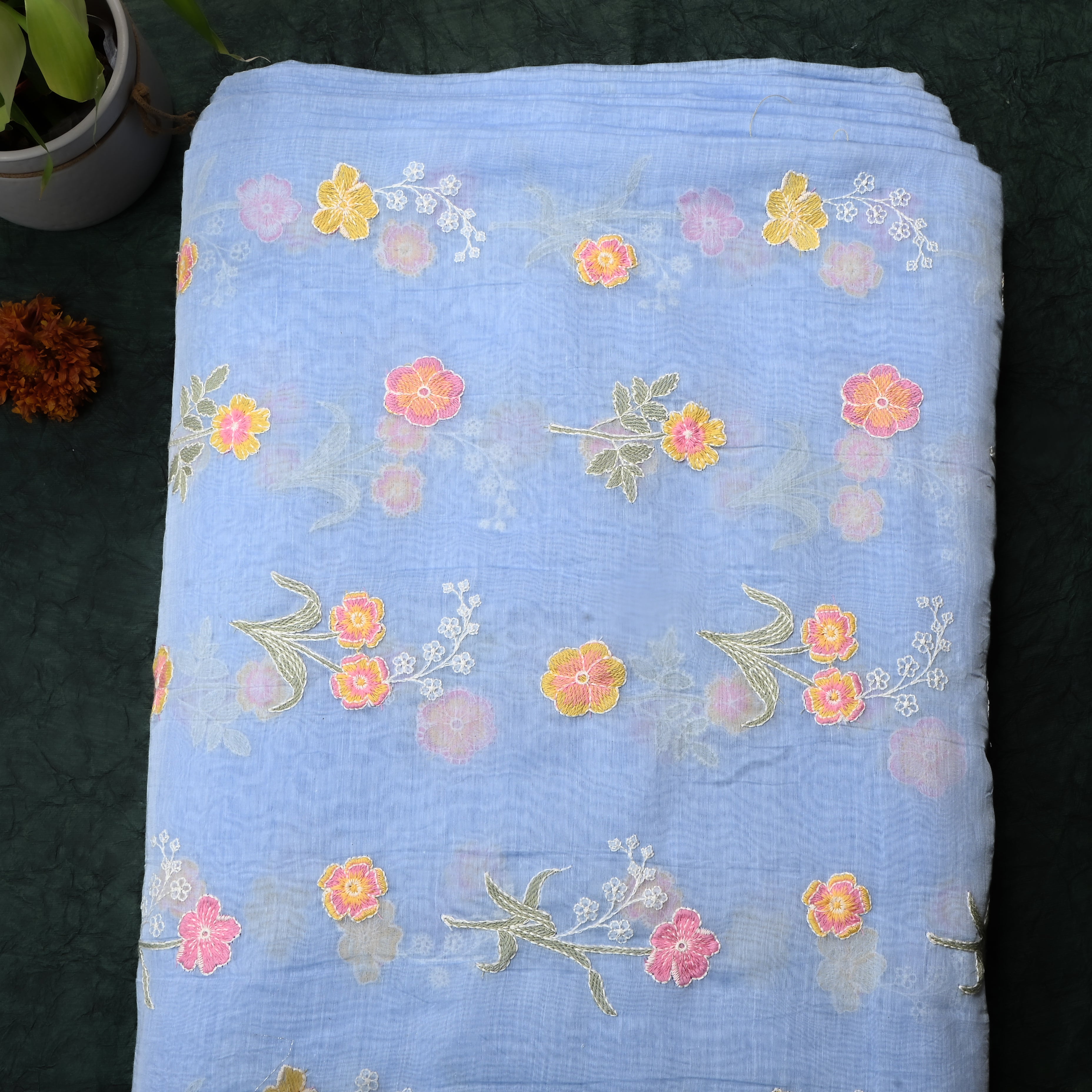 Light Sky Blue Floral Chanderi Fabric