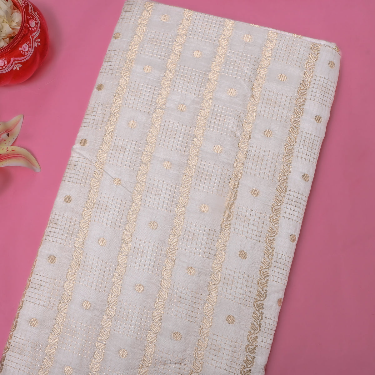 Silver White Jamawar Silk With Gold Checks, Dots And Vine Stripes