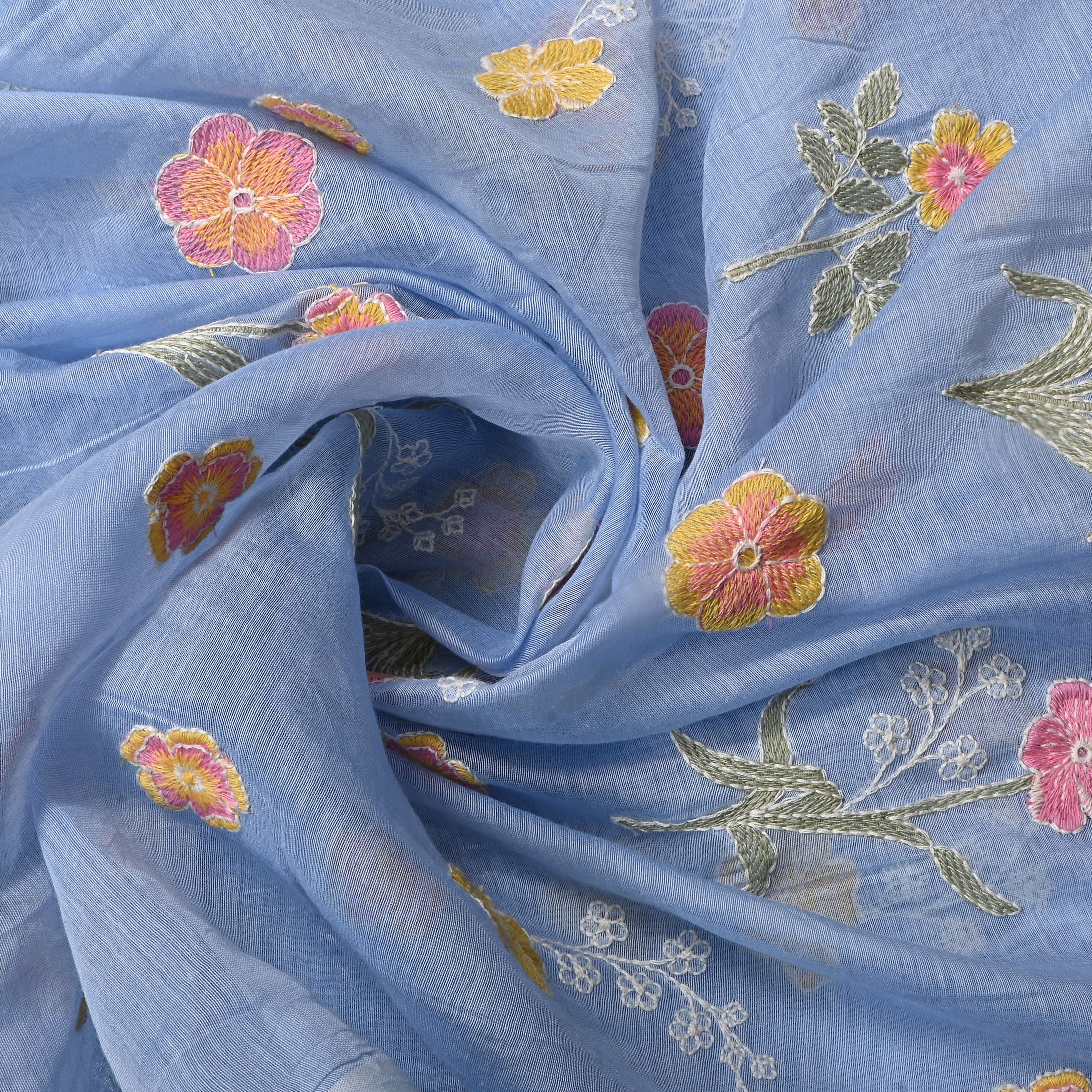 Light Sky Blue Floral Chanderi Fabric