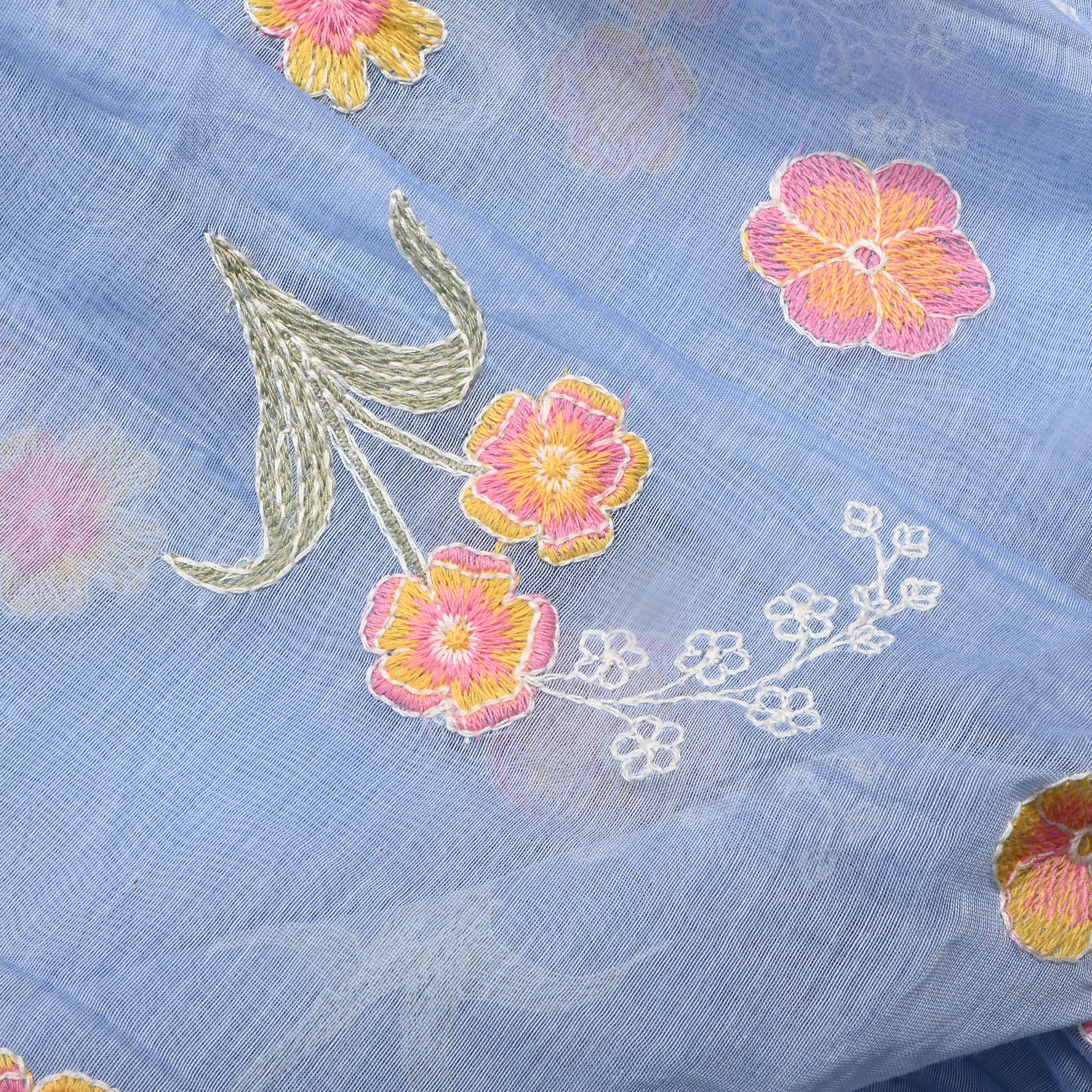 Light Sky Blue Floral Chanderi Fabric