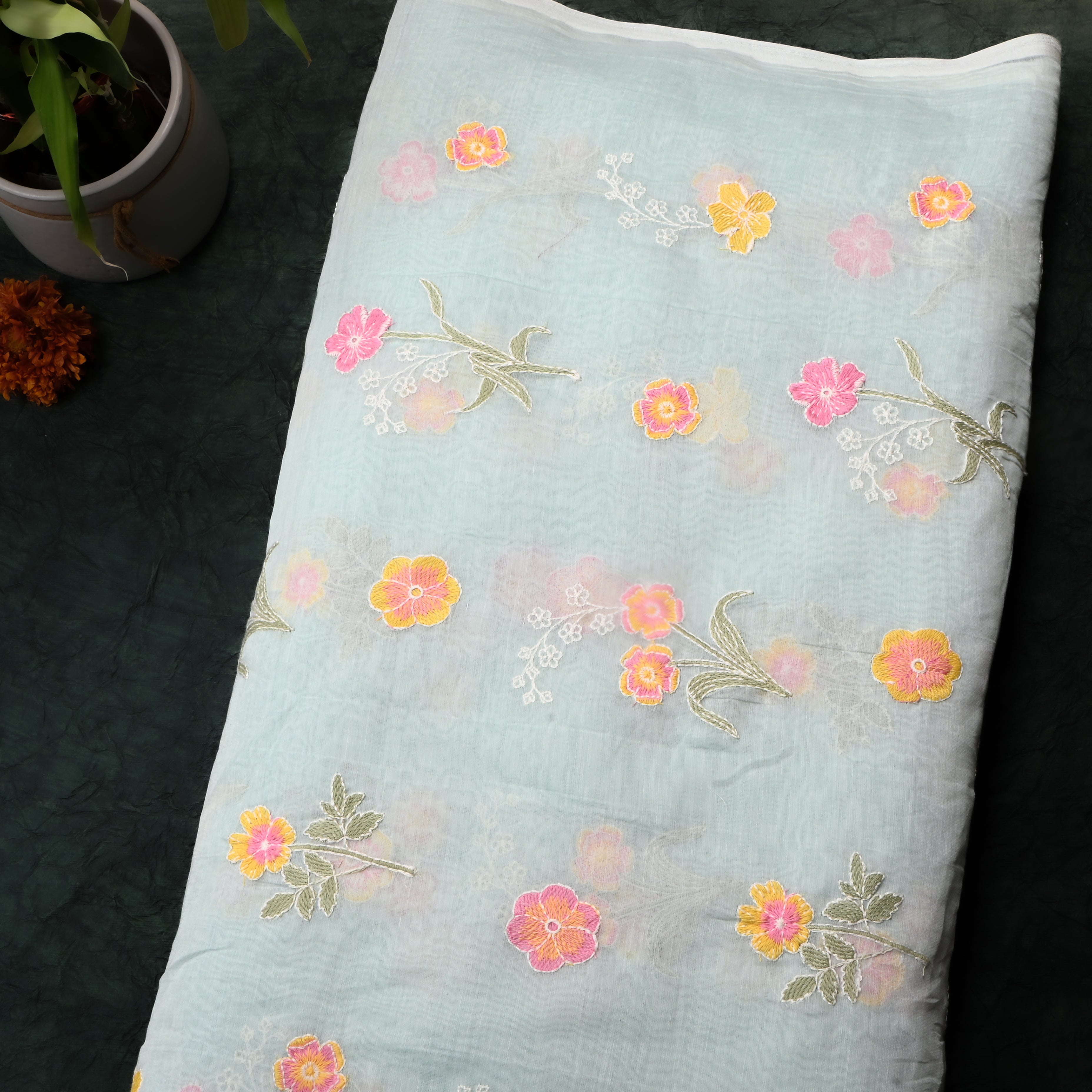 Pastel Green Floral Chanderi Fabric