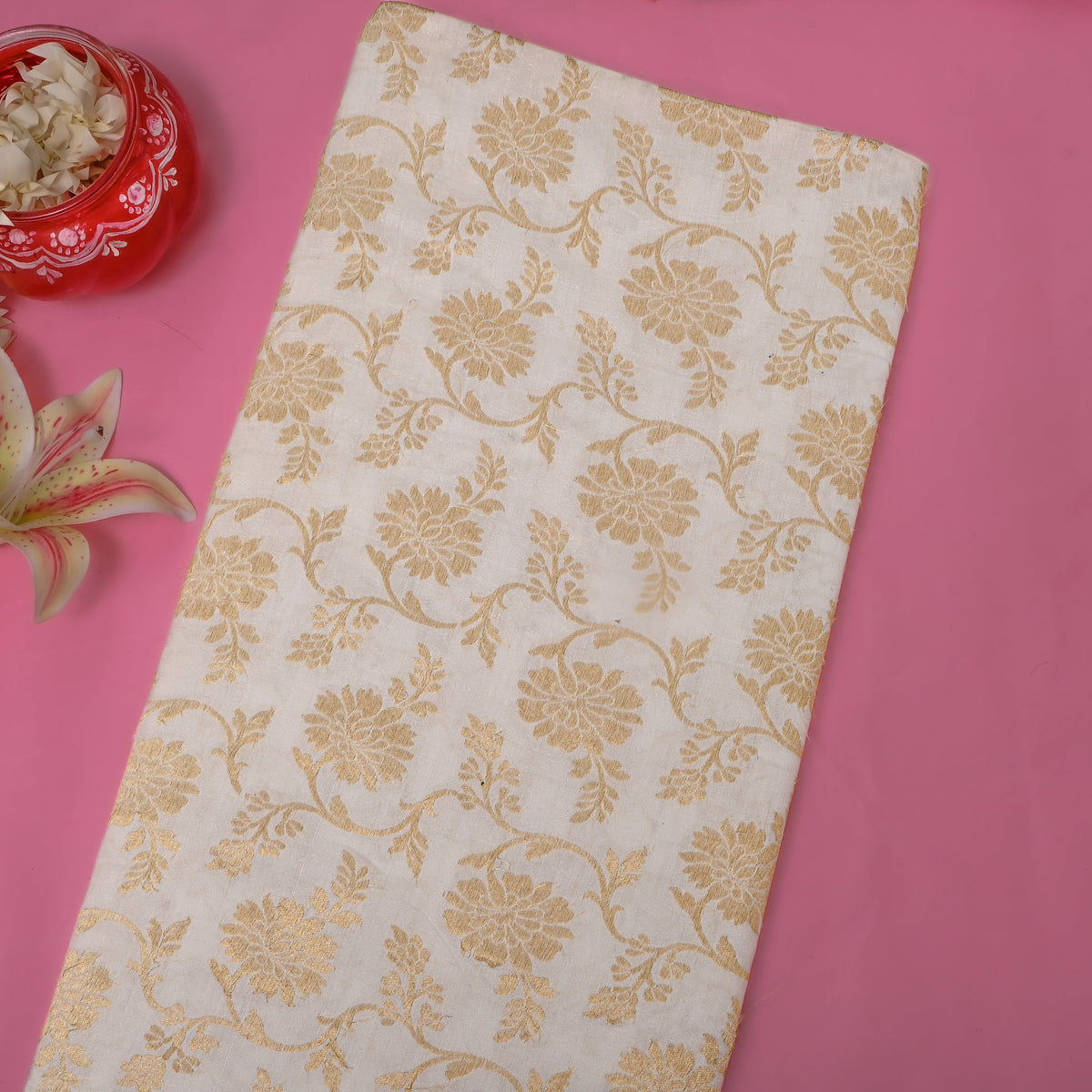 Milk White Gold Zari Floral Jaal Jamawar Silk Fabric