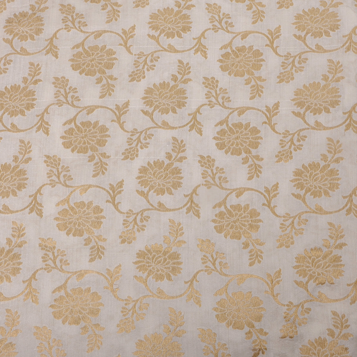 Milk White Gold Zari Floral Jaal Jamawar Silk Fabric