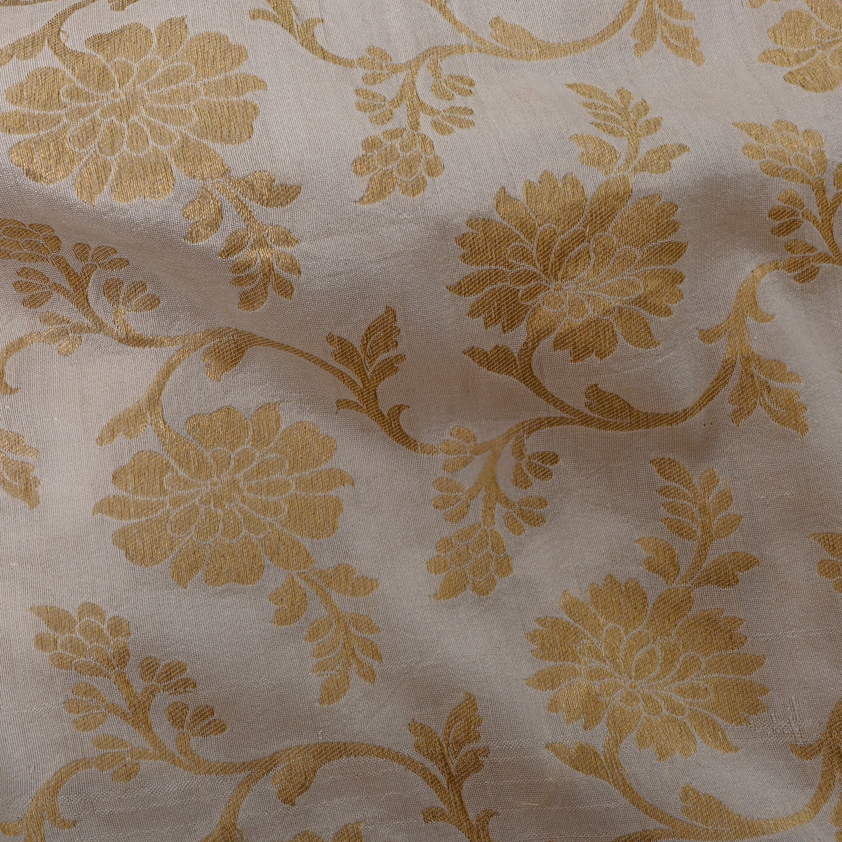 Milk White Gold Zari Floral Jaal Jamawar Silk Fabric