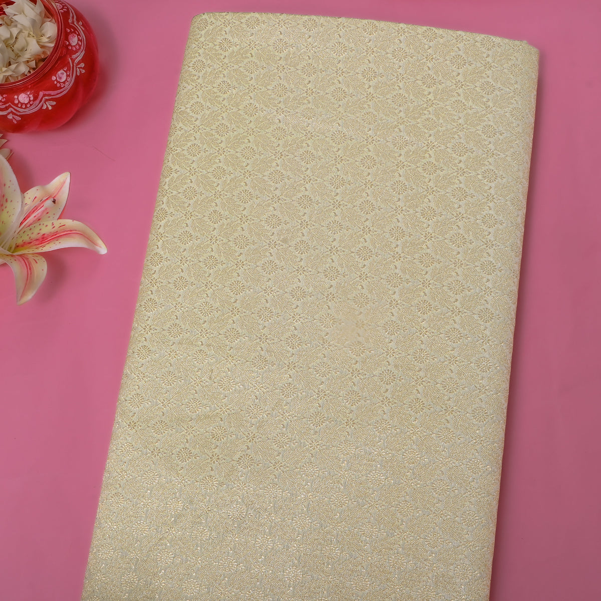 Ivory Gold Zari Floral Butti Self Weave Jamawar Silk Fabric