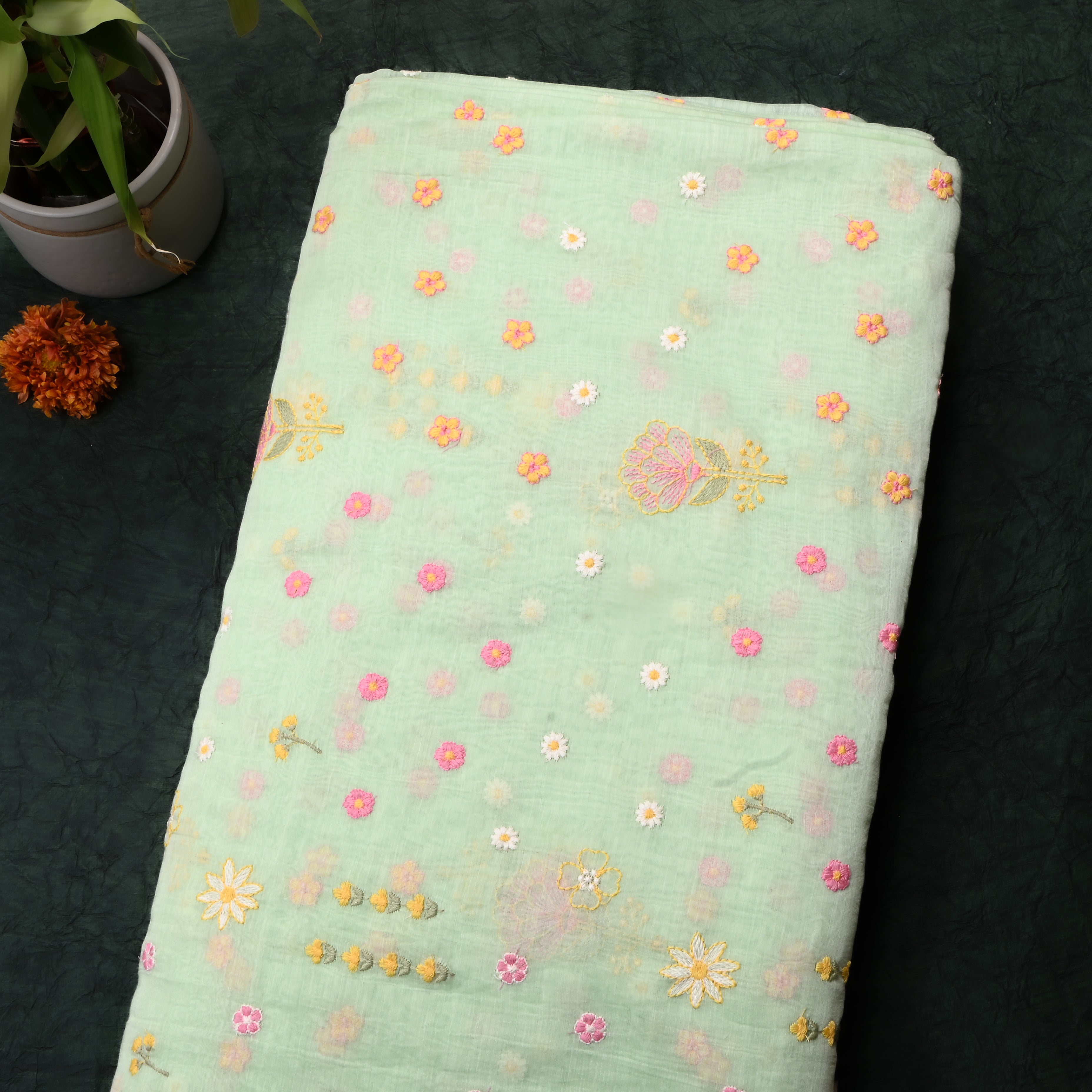 Light Mint Green Floral Chanderi Fabric