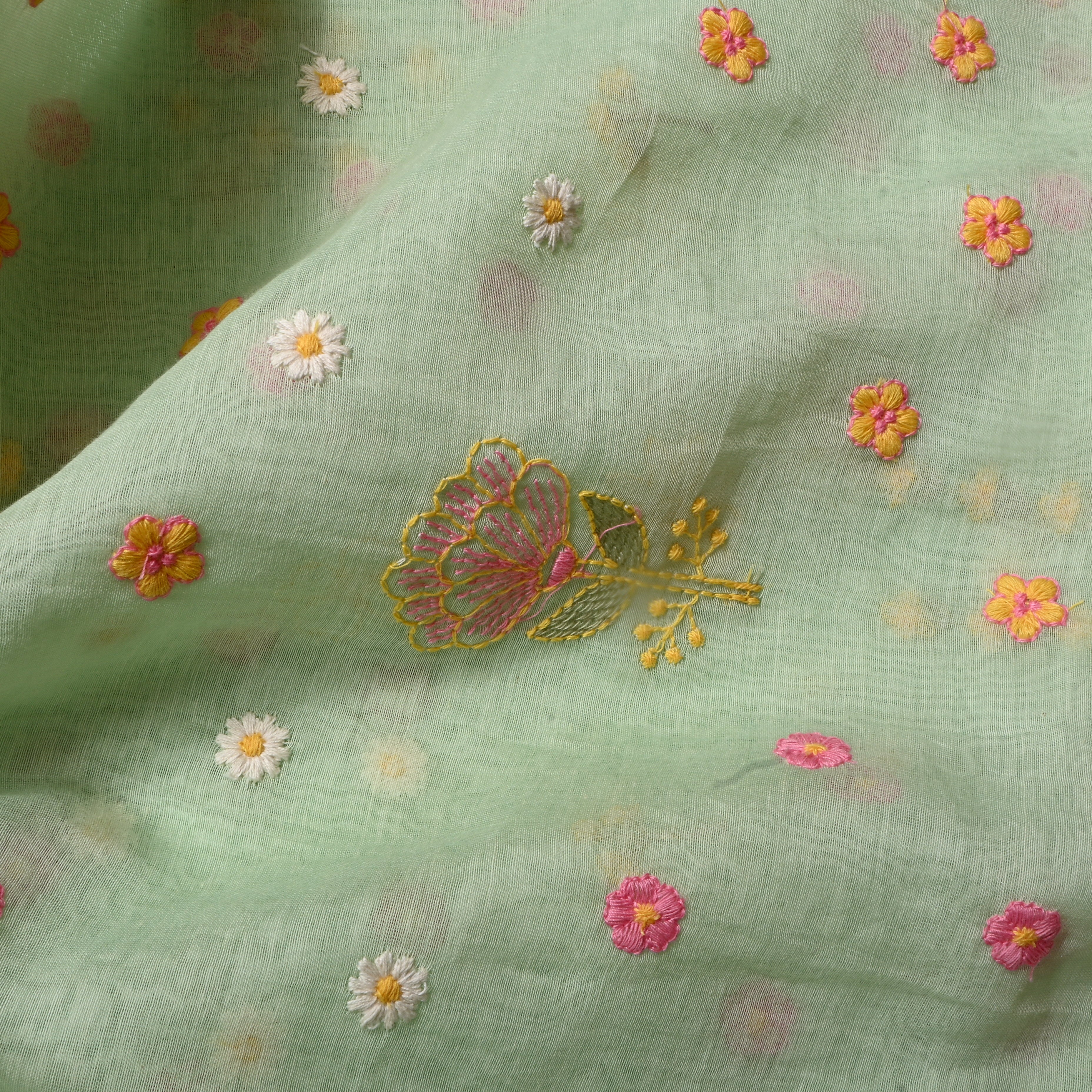 Light Mint Green Floral Chanderi Fabric