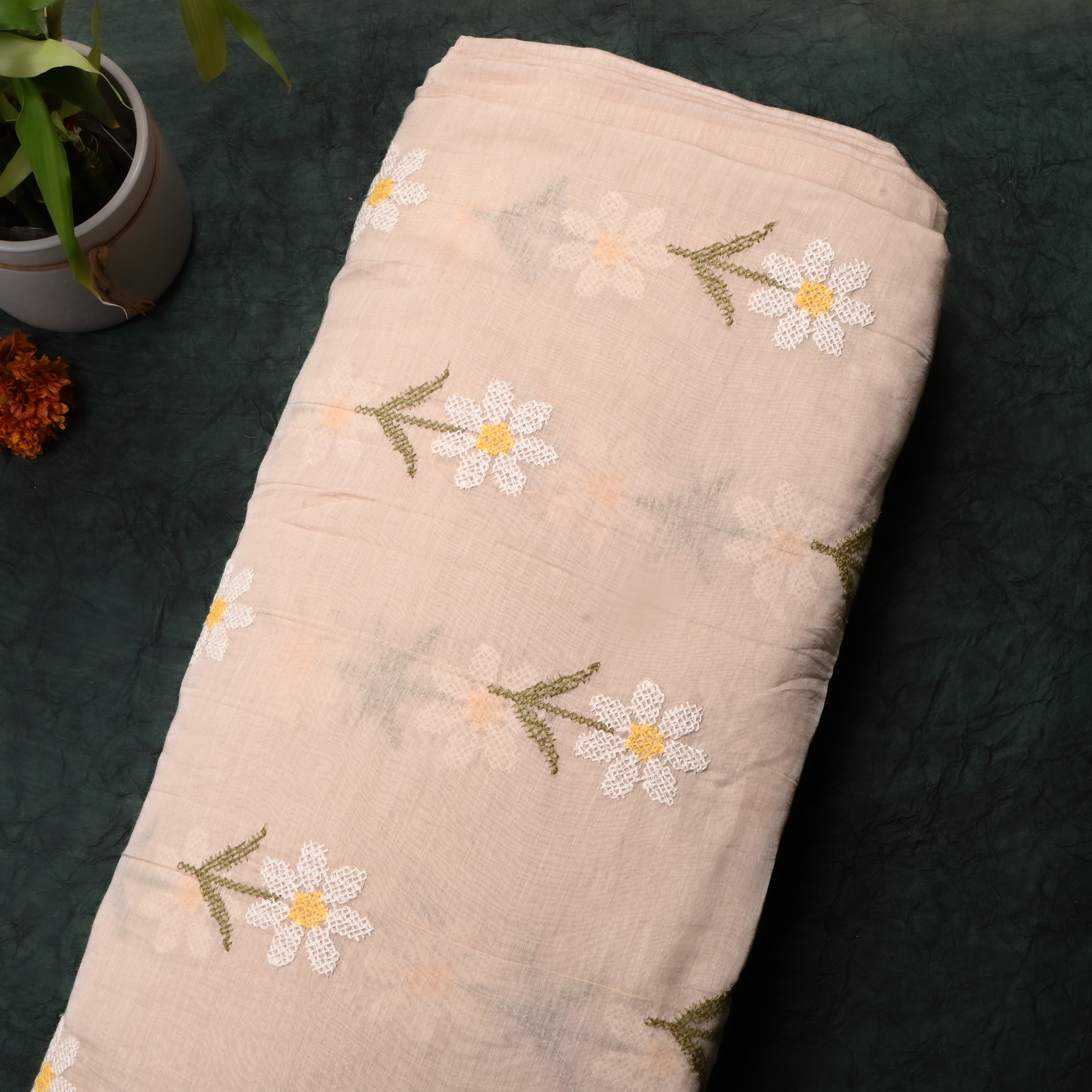 Soft Cream Floral Chanderi Fabric