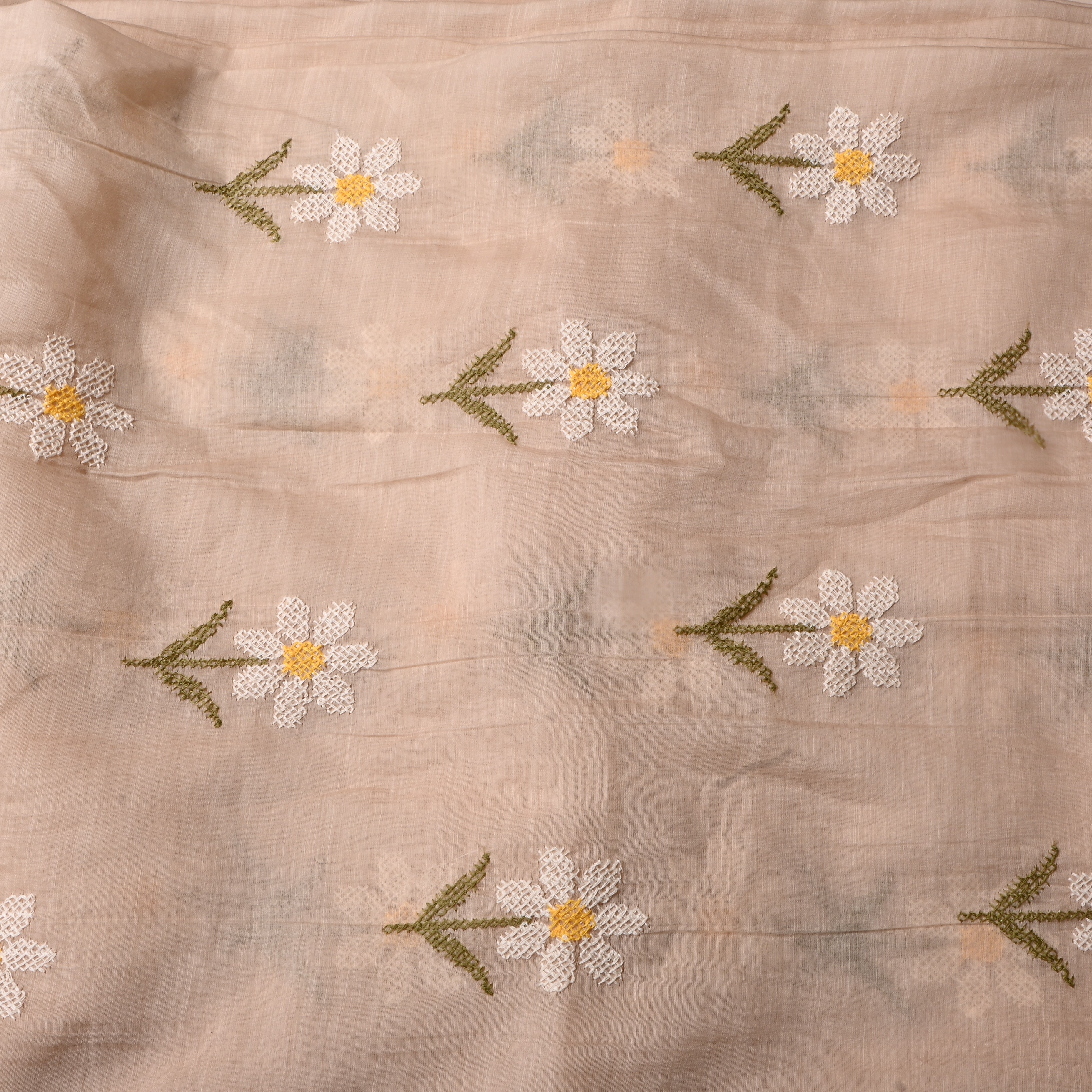 Soft Cream Floral Chanderi Fabric