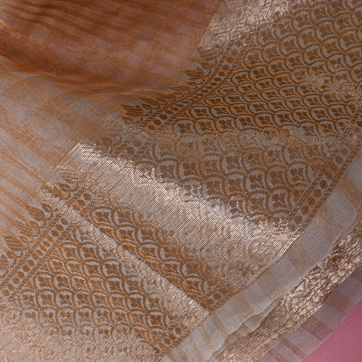 Soft Peach Organza With Gold Zari Stripes And Woven Border