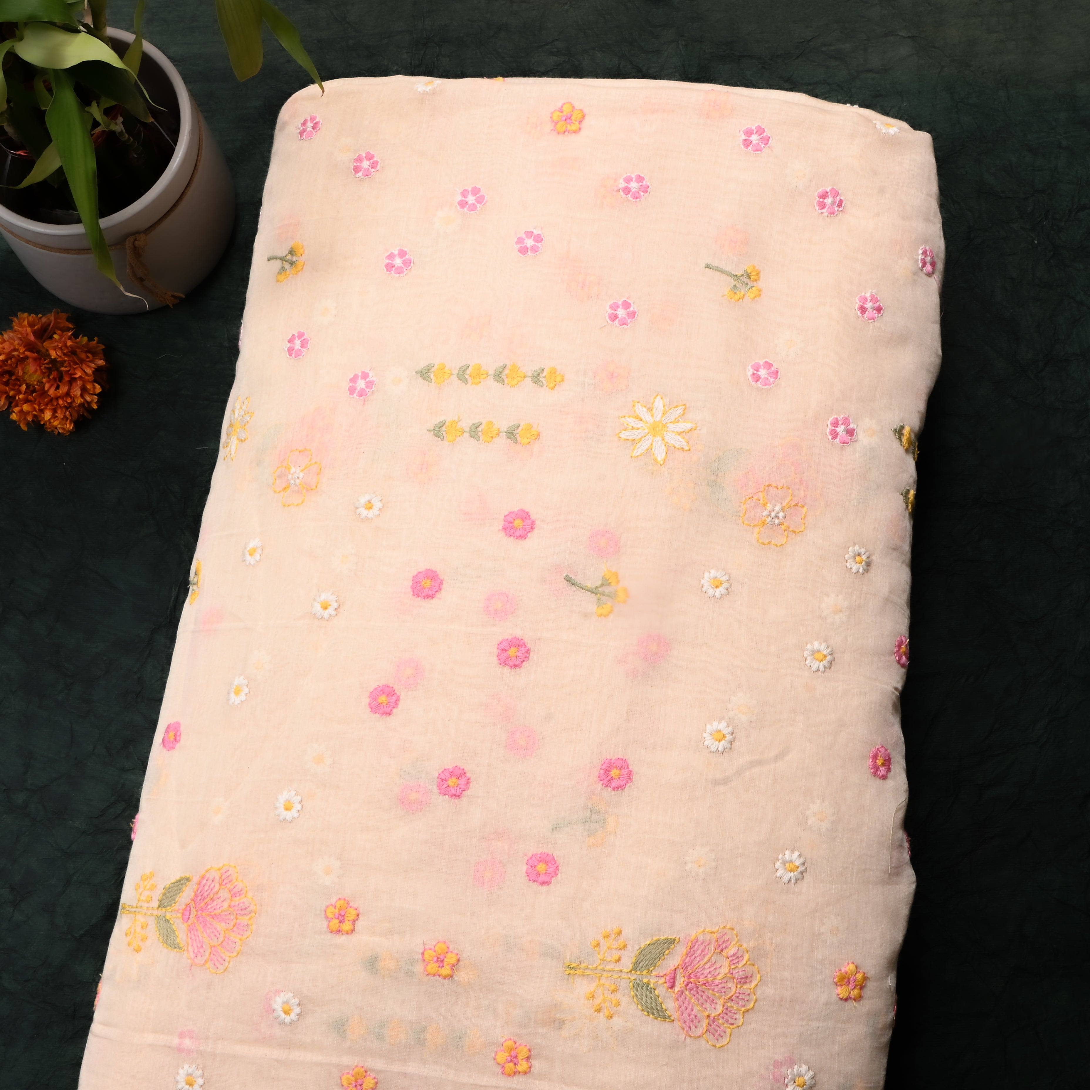 Pastel Cream Floral Chanderi Fabric
