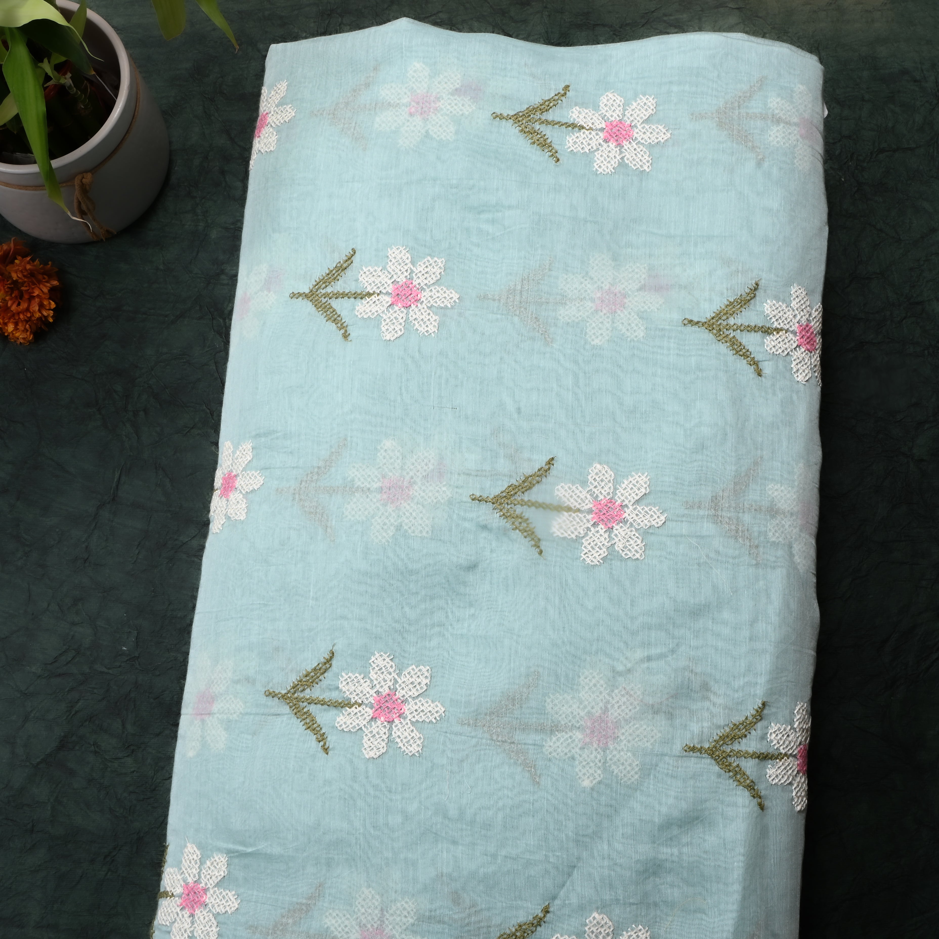 Seafoam Green Floral Chanderi Fabric