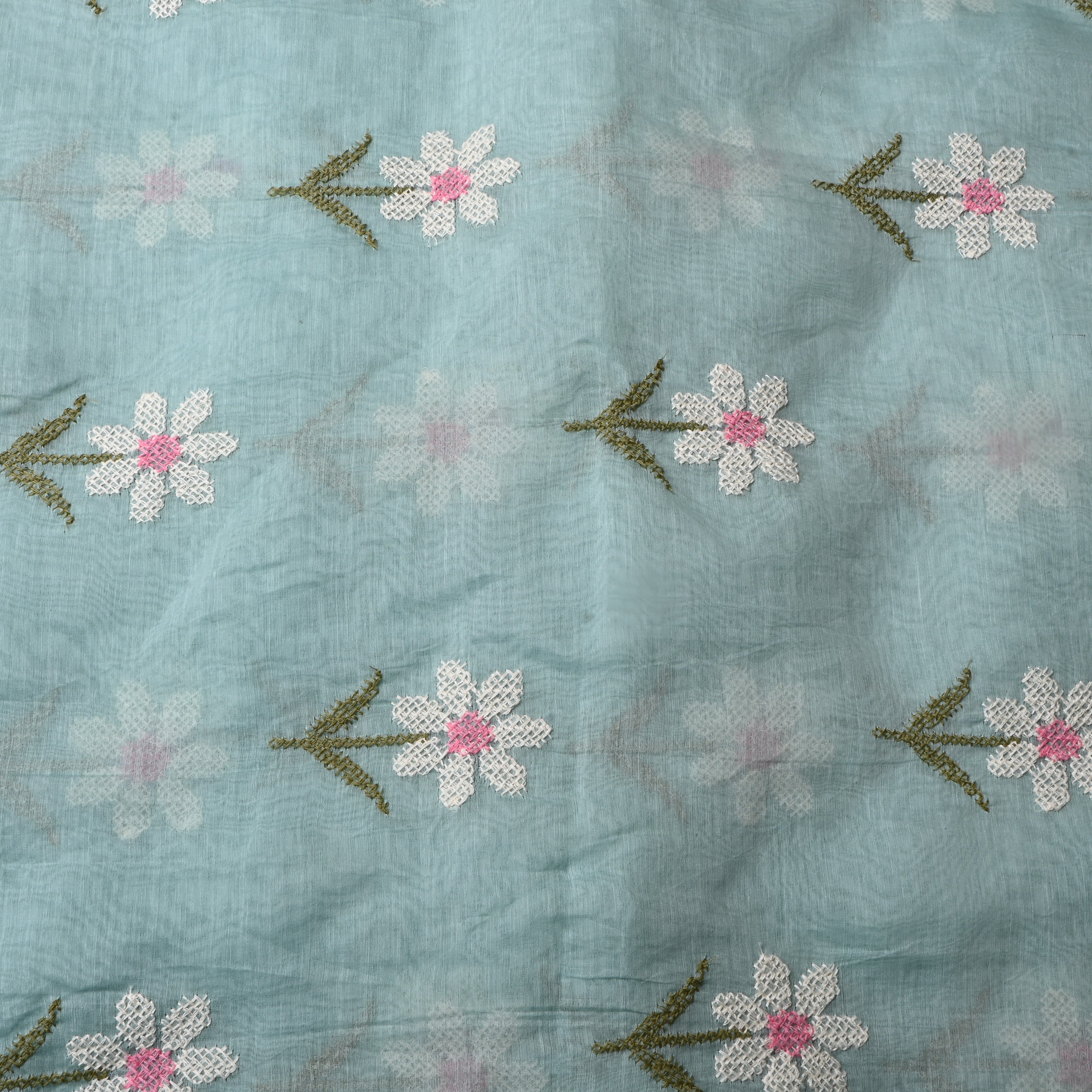 Seafoam Green Floral Chanderi Fabric