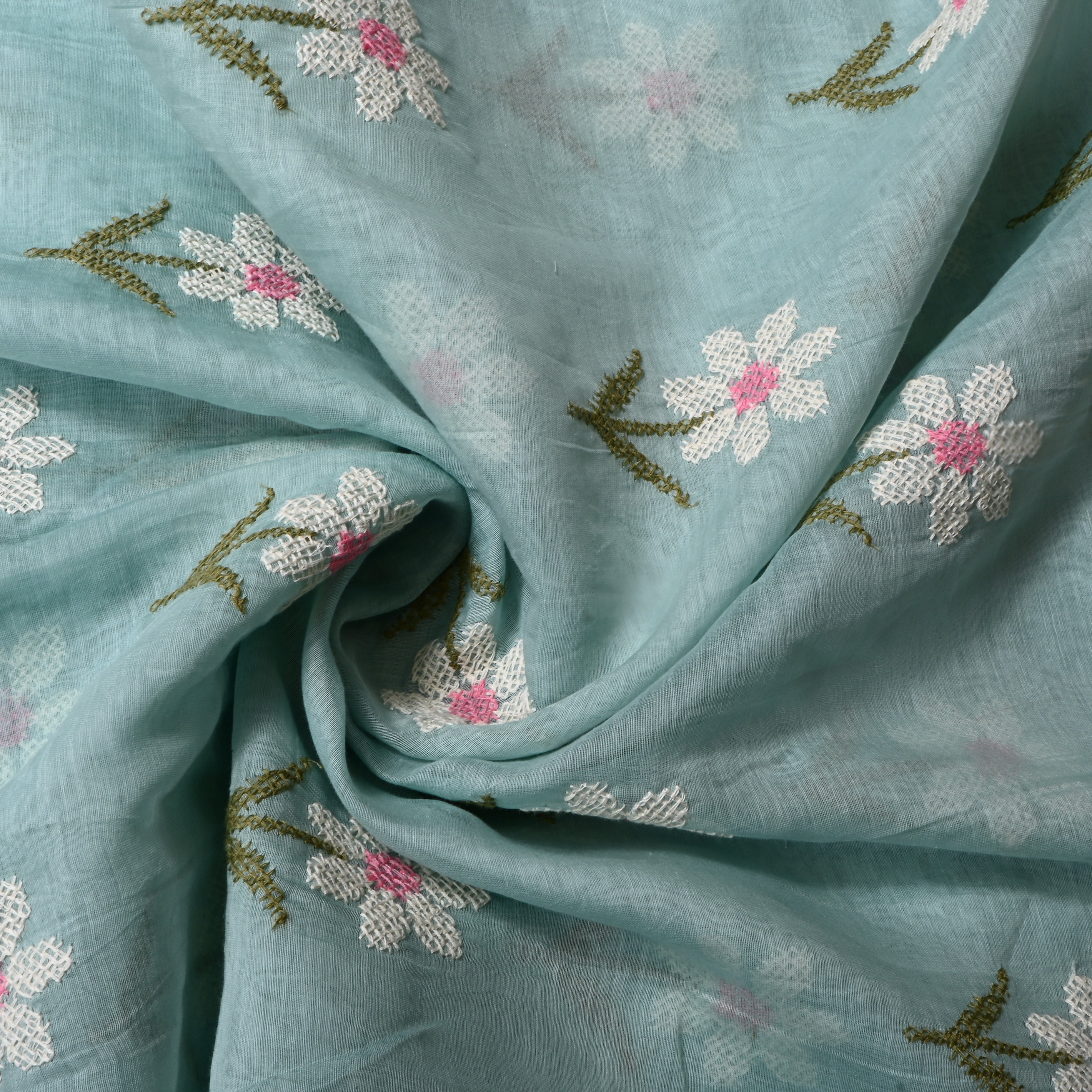 Seafoam Green Floral Chanderi Fabric