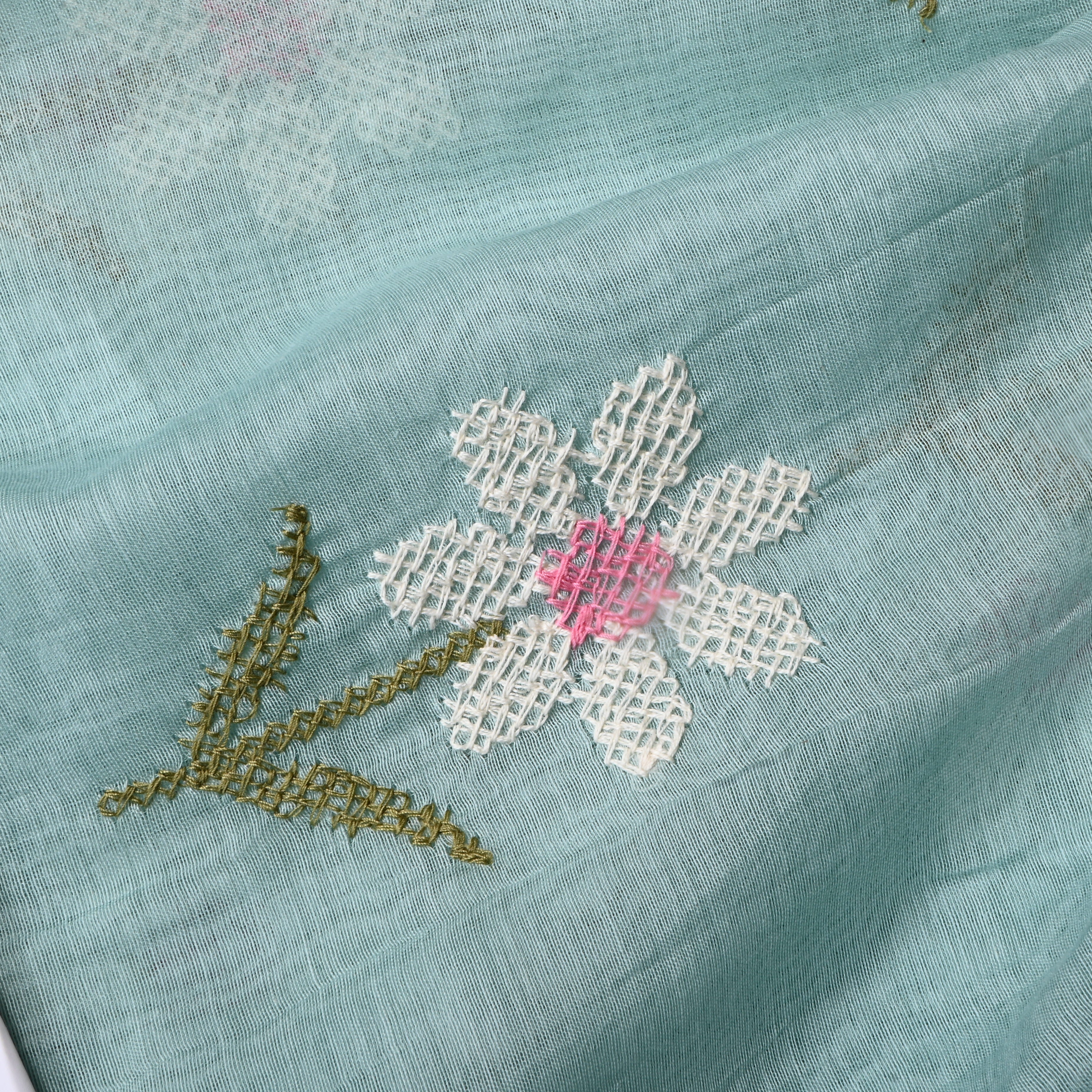 Seafoam Green Floral Chanderi Fabric